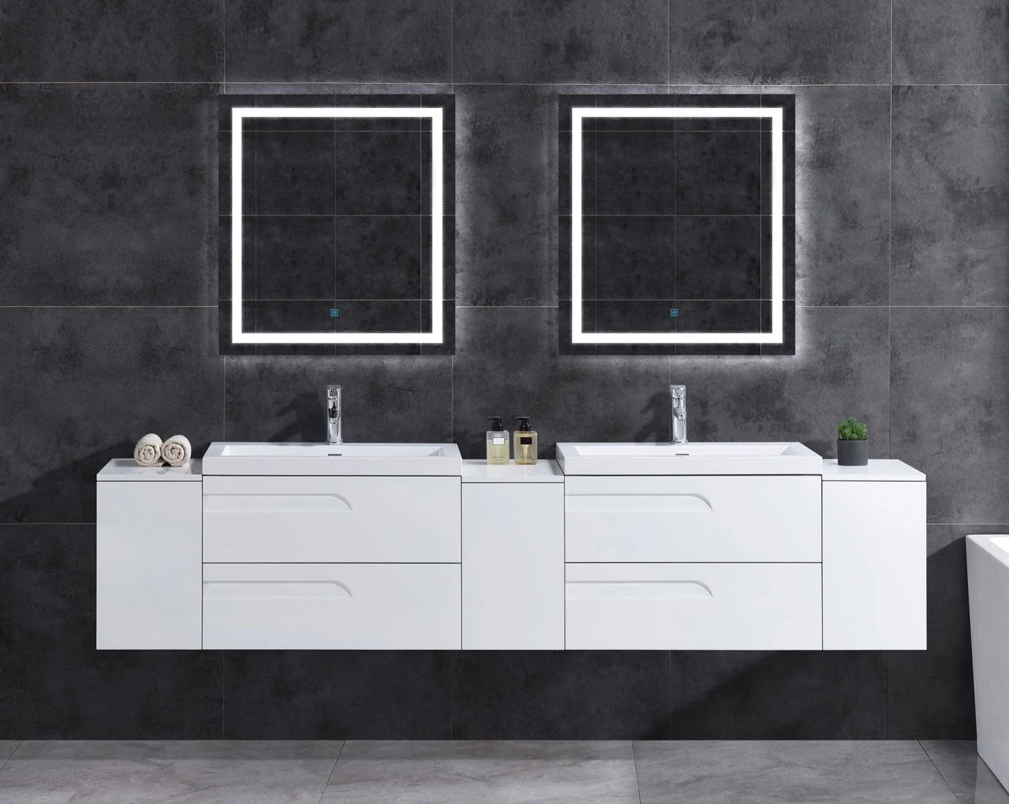 108" Freestanding Vanity Set in White Gloss with Two Square Sinks (LV7-C21W-108W) Style 7