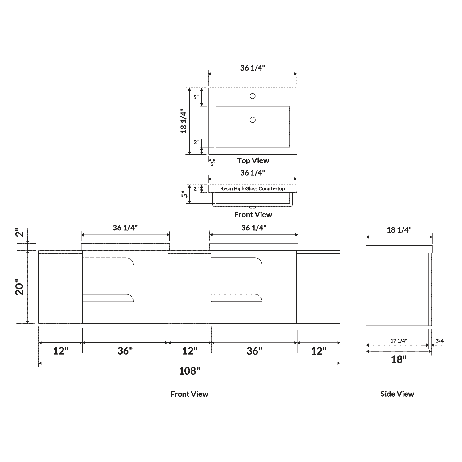 108" Freestanding Vanity Set in White Gloss with Two Square Sinks (LV7-C21W-108W) Style 7 - Image 3
