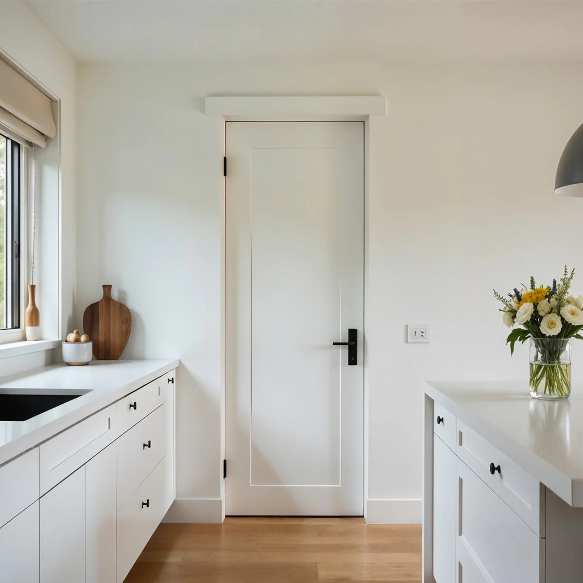 18 in. x 80 in. 1-Panel Shaker Solid Core Primed White MDF Prehung Interior Door with Black Hinges - Image 4