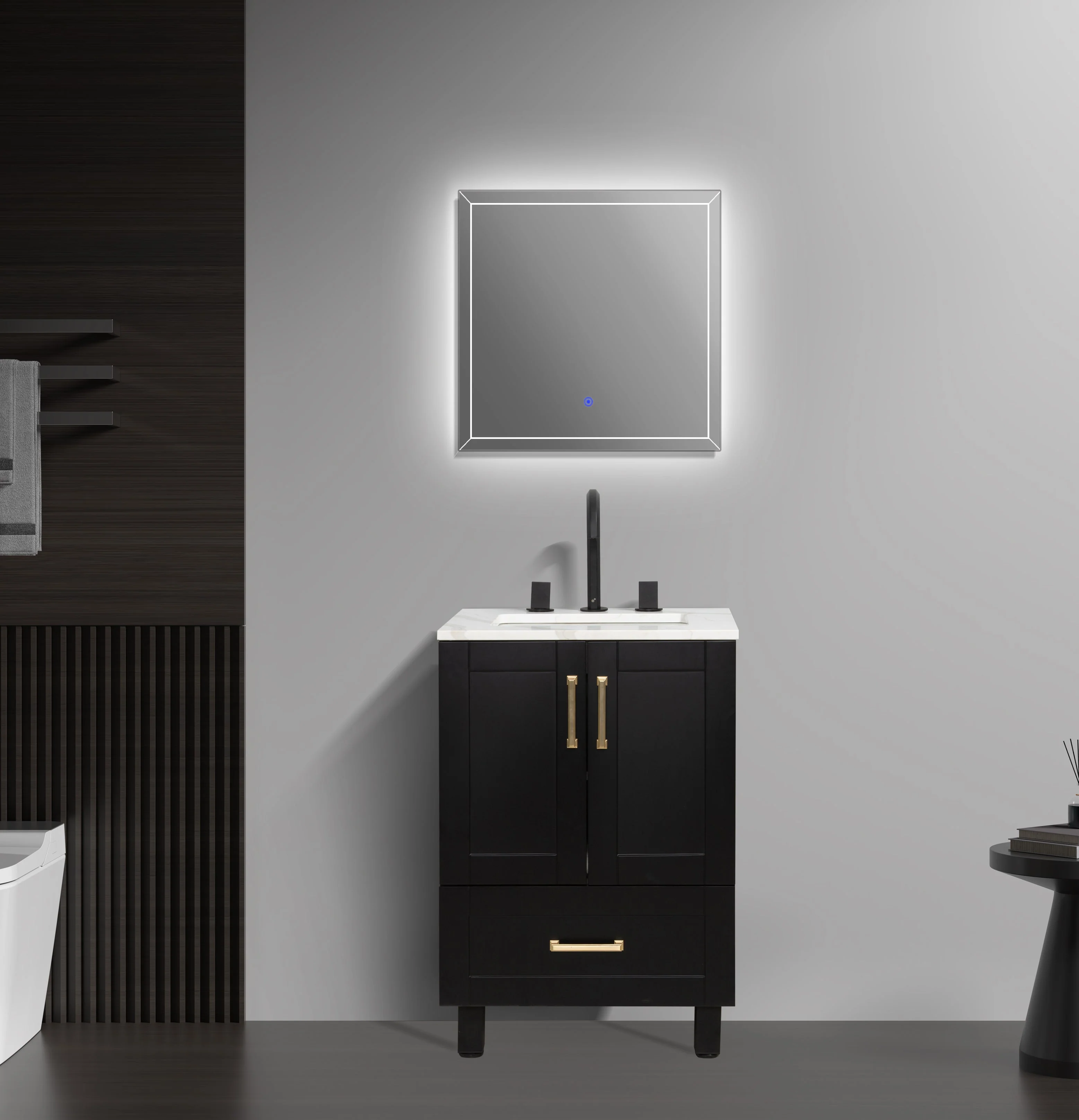 24" Freestanding Single Bathroom Vanity in Black with Quartz Stone Countertop