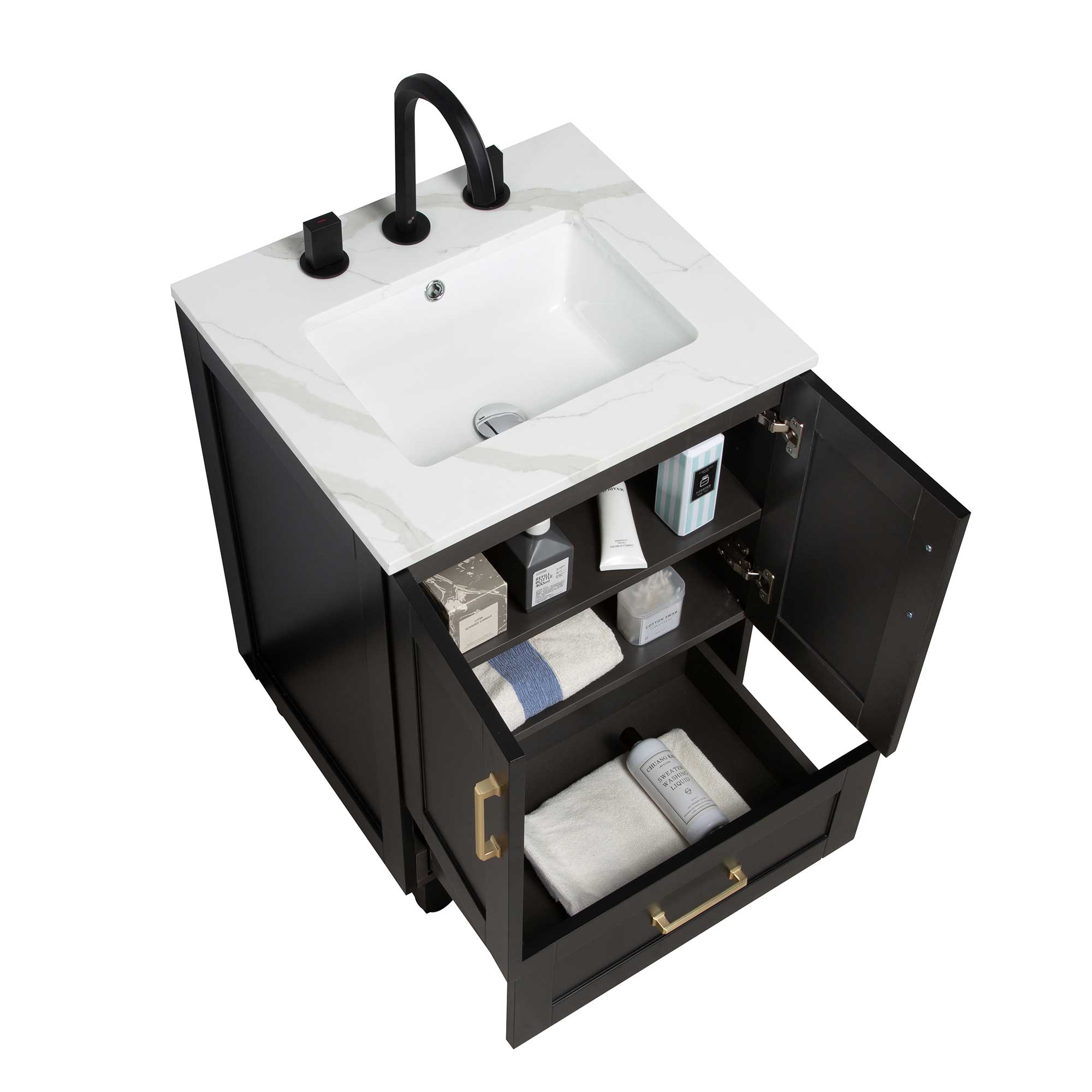 24" Freestanding Single Bathroom Vanity in Black with Quartz Stone Countertop - Image 2