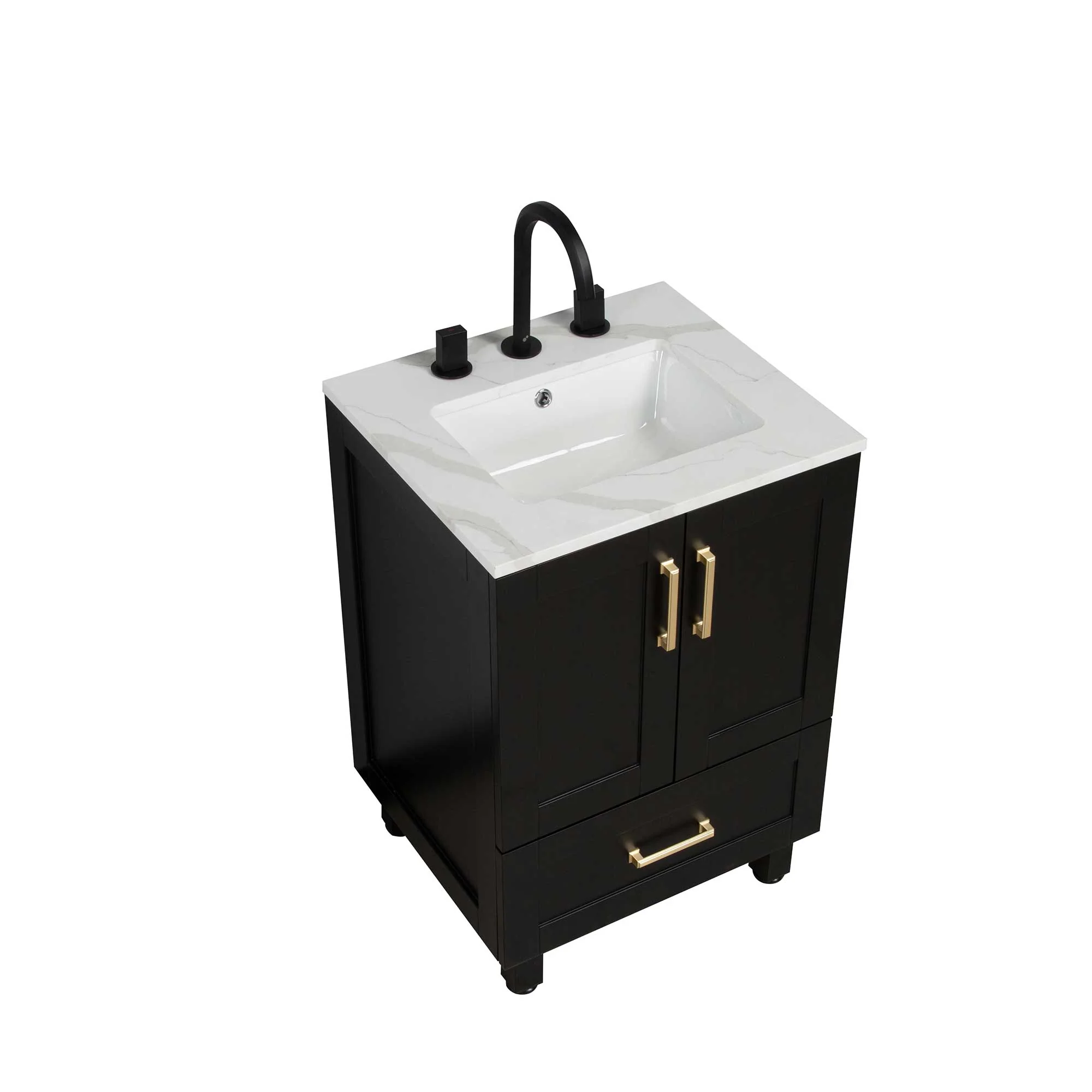 24" Freestanding Single Bathroom Vanity in Black with Quartz Stone Countertop - Image 4