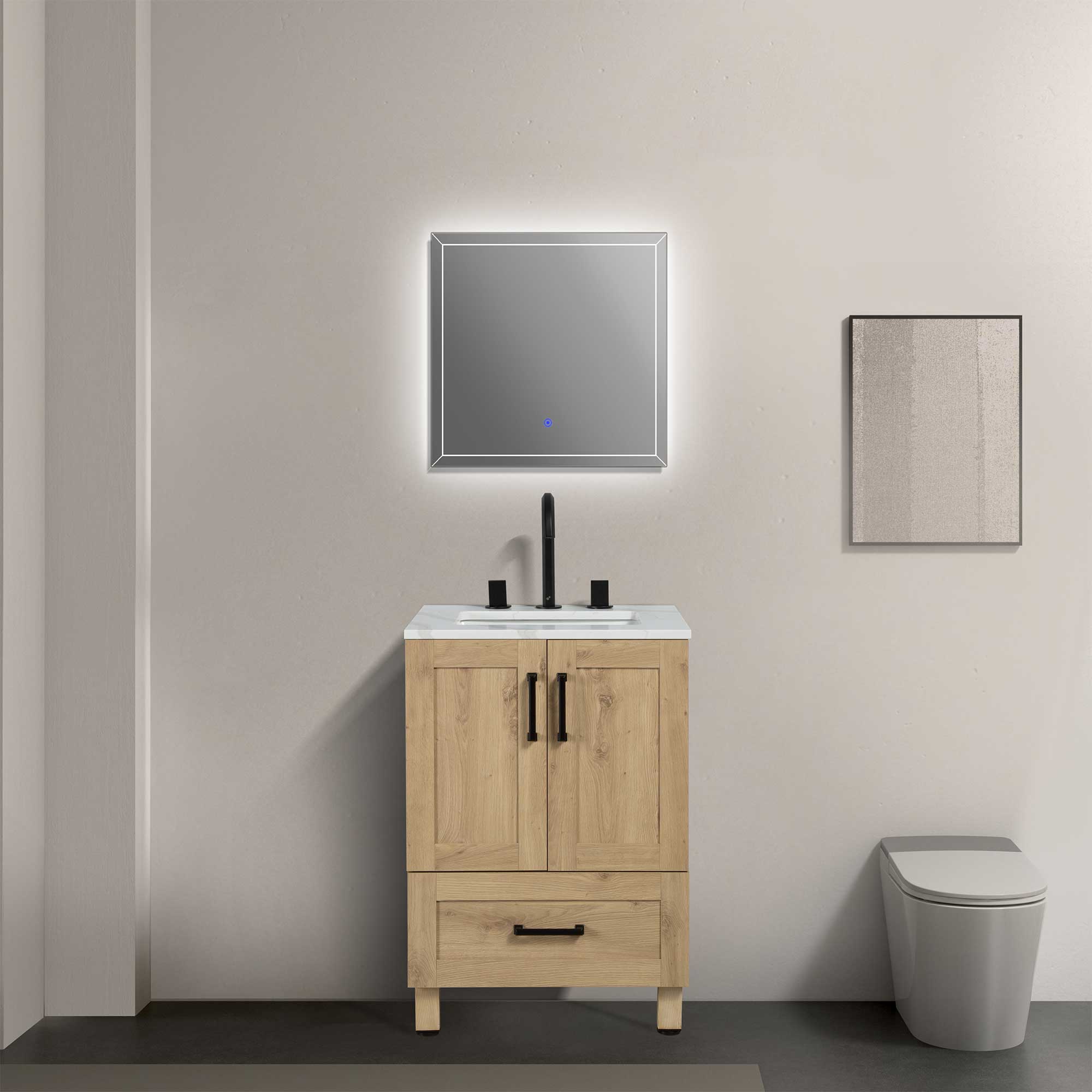 24" Freestanding Single Bathroom Vanity in Oak with Quartz Stone Countertop