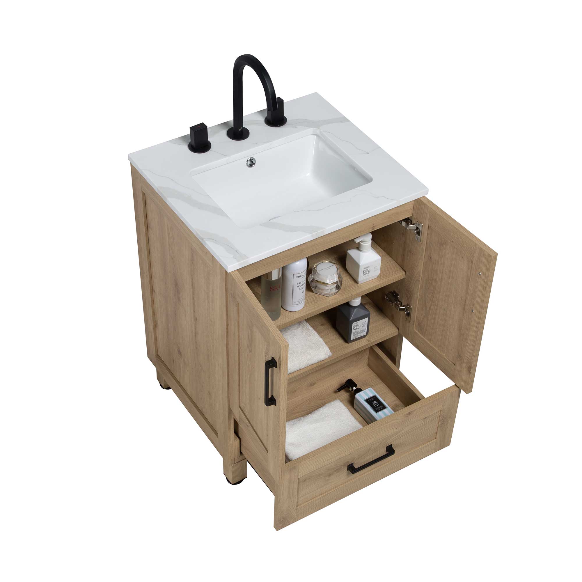 24" Freestanding Single Bathroom Vanity in Oak with Quartz Stone Countertop - Image 2