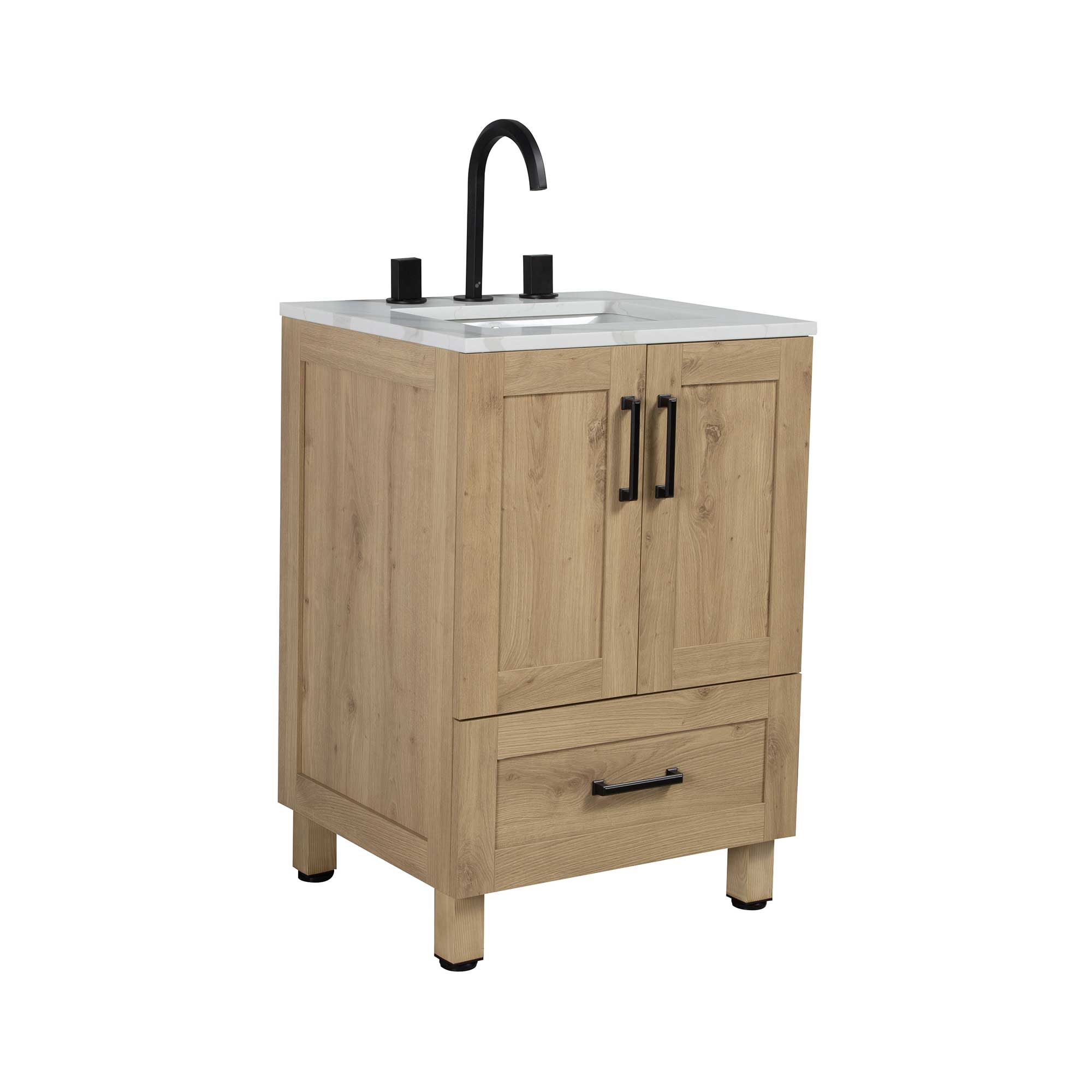 24" Freestanding Single Bathroom Vanity in Oak with Quartz Stone Countertop - Image 3
