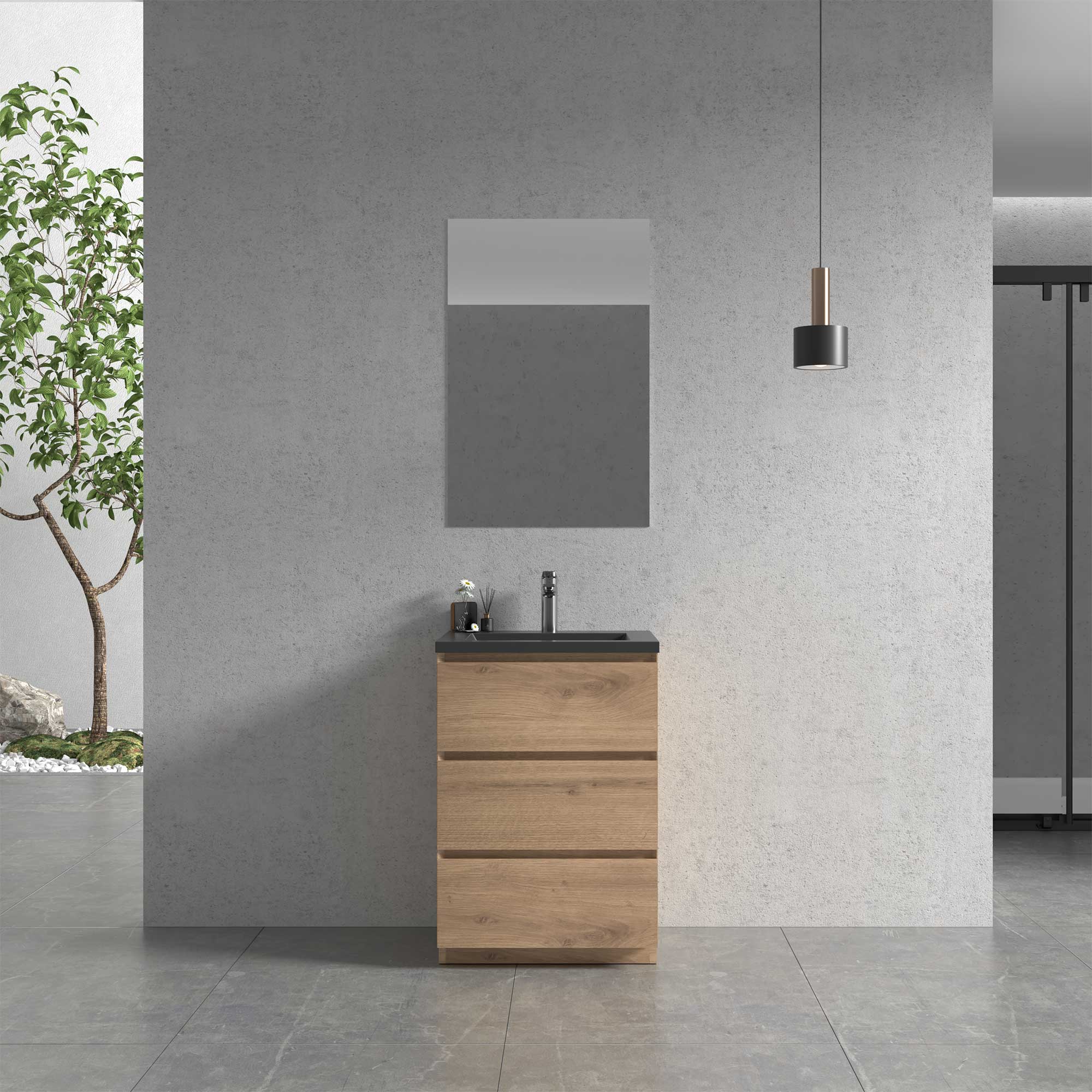 24" Freestanding Single Bathroom Vanity in Oak with Black Quartz Integrated Sink