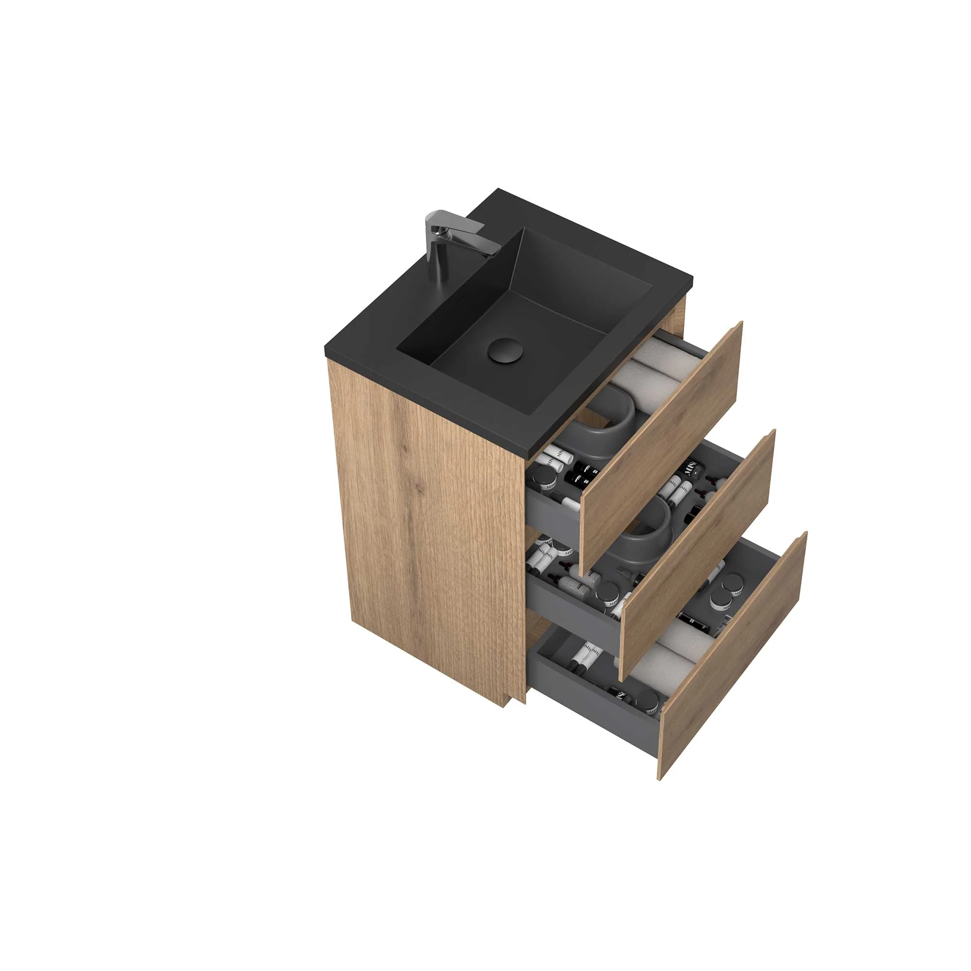 24" Freestanding Single Bathroom Vanity in Oak with Black Quartz Integrated Sink - Image 2