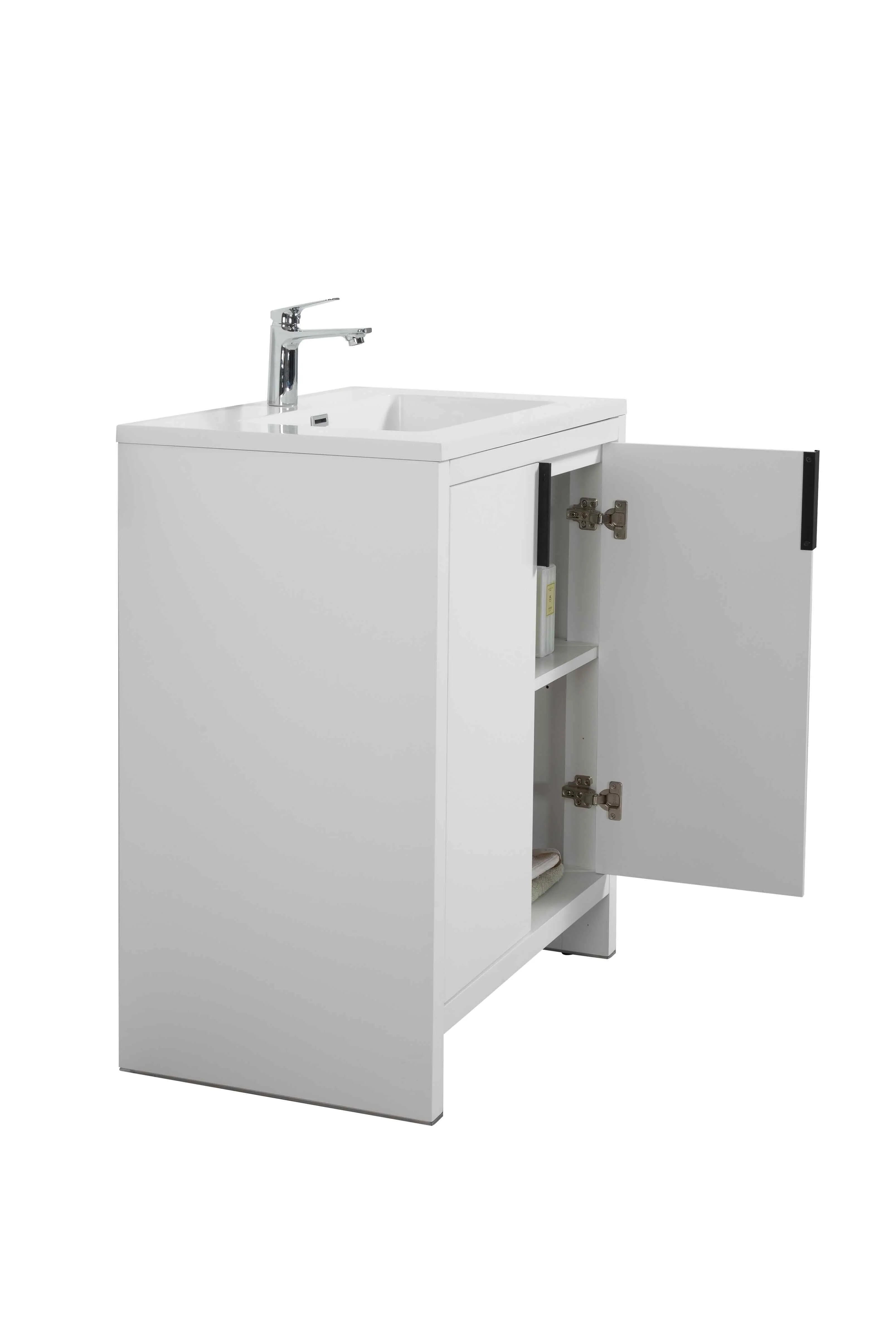 24" W Freestanding Single Bathroom Vanity in White Gloss with Quartz Integrated Sink LV14-24W - Image 2