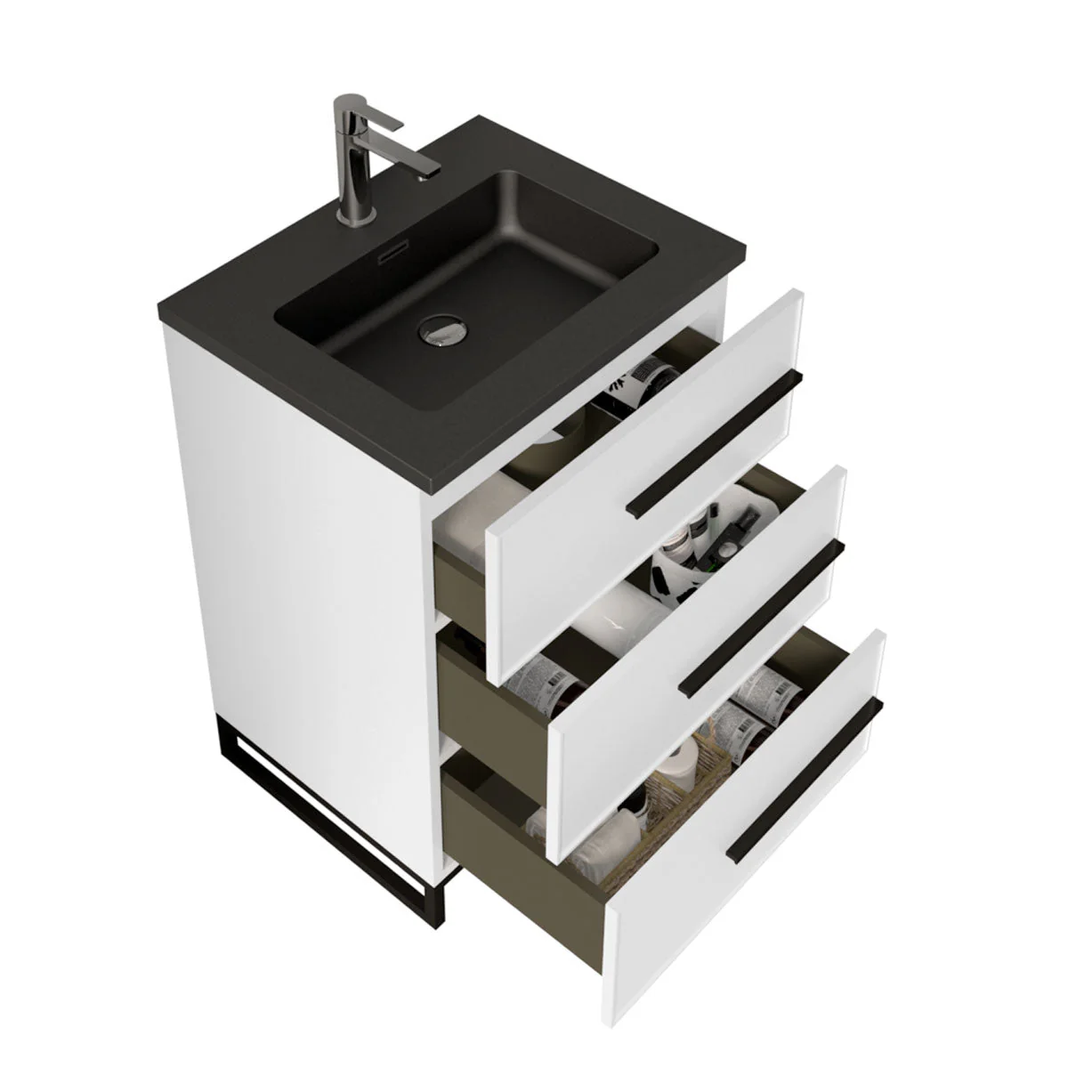 24" W Freestanding Single Bathroom Vanity in White Gloss with Matte Black Integrated Sink LV15B-24W - Image 2