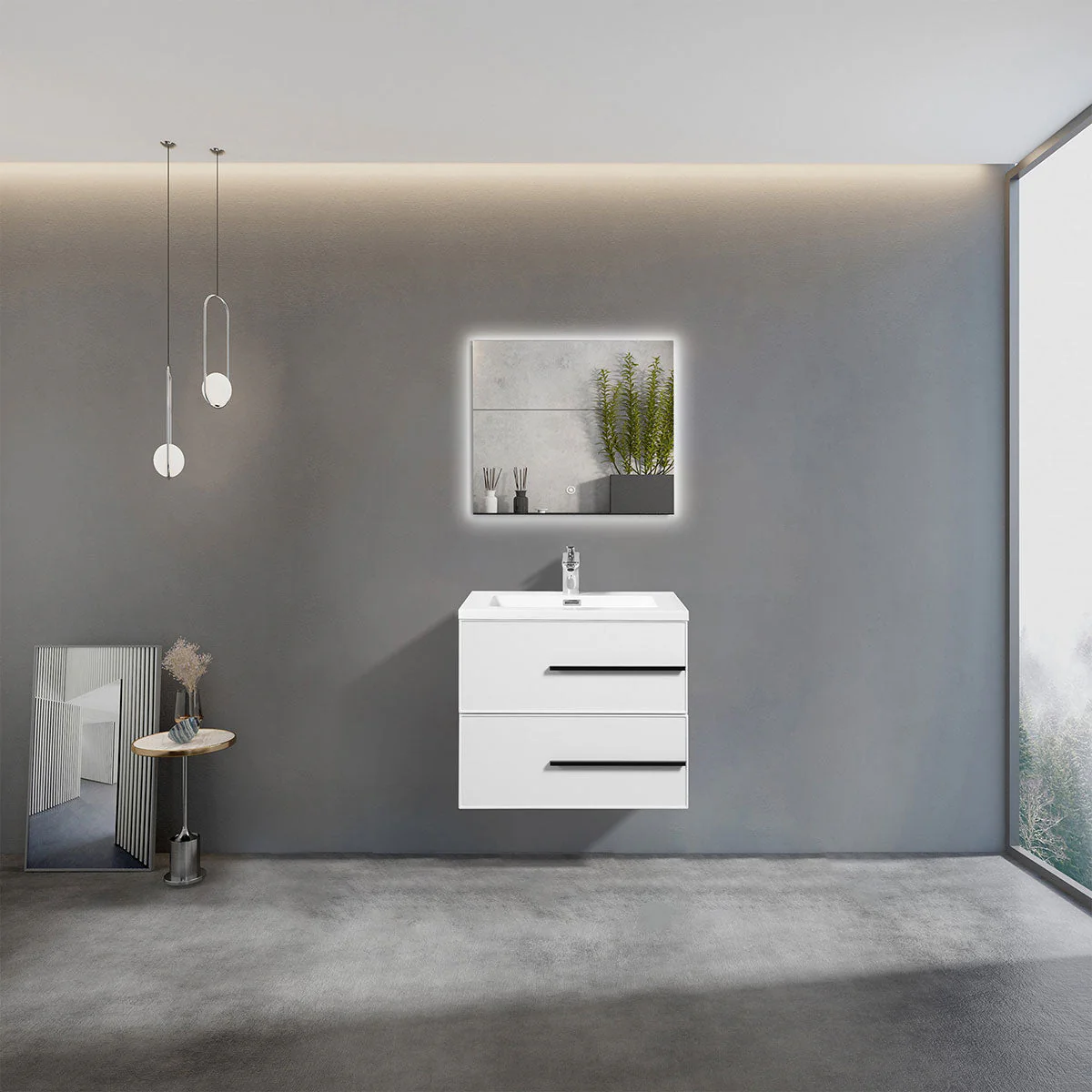 24" Wall Mount Single Bathroom Vanity in White Gloss with White Integrated Sink LV15W-24W