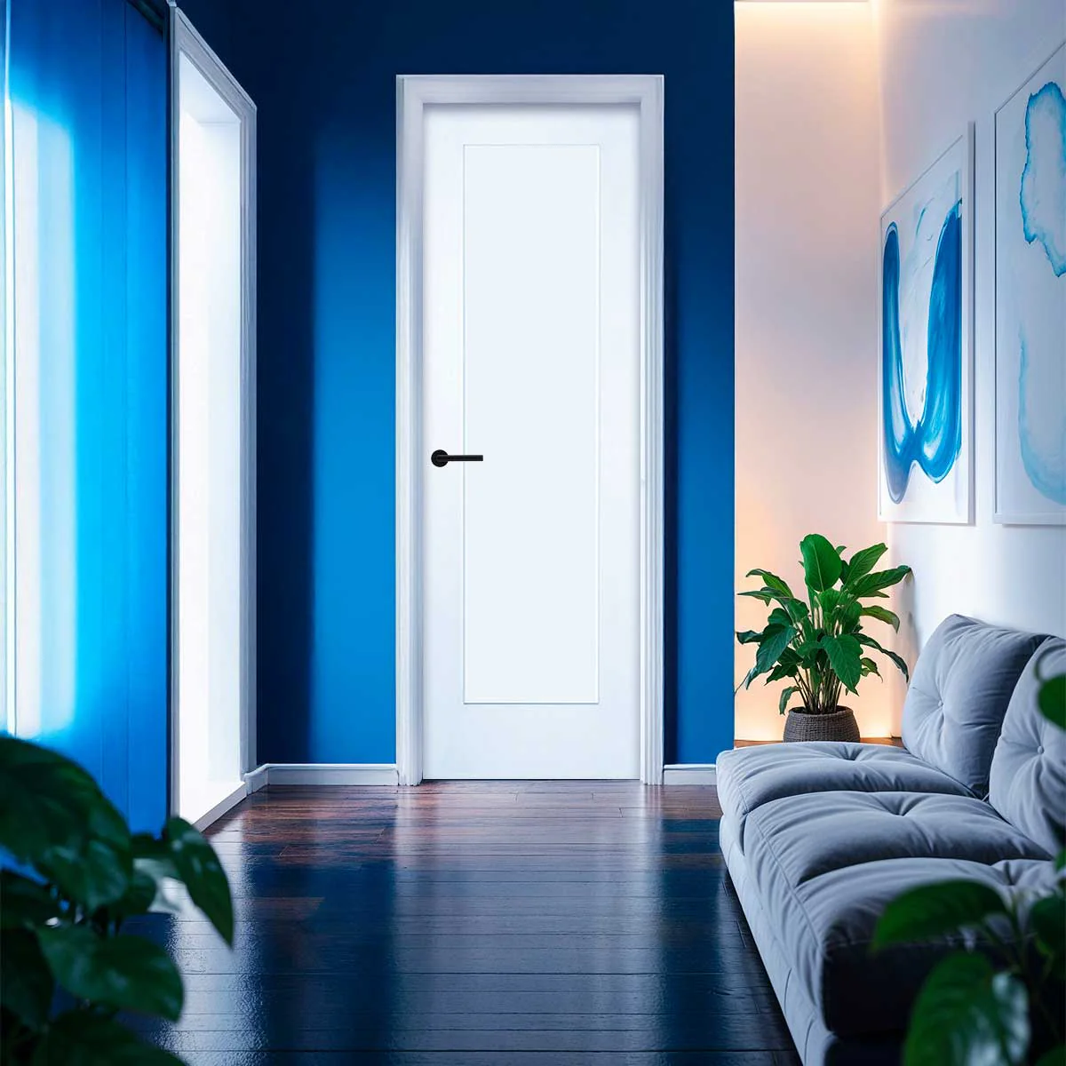 28 in. x 80 in. 1-Panel Shaker Solid Core Primed White MDF Prehung Interior Door with Black Hinges - Image 2