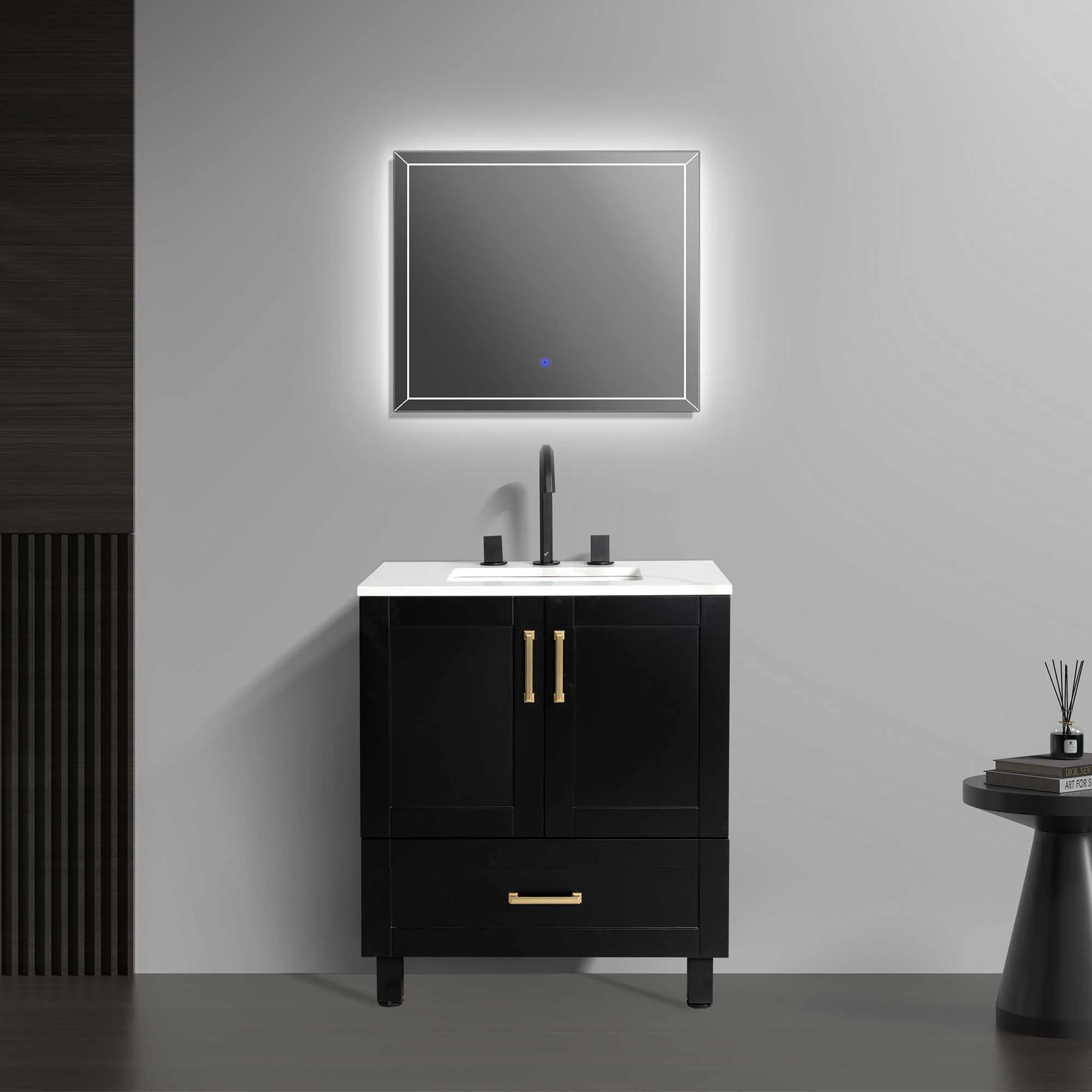 30" Freestanding Bathroom Black Vanity with Quartz Countertop
