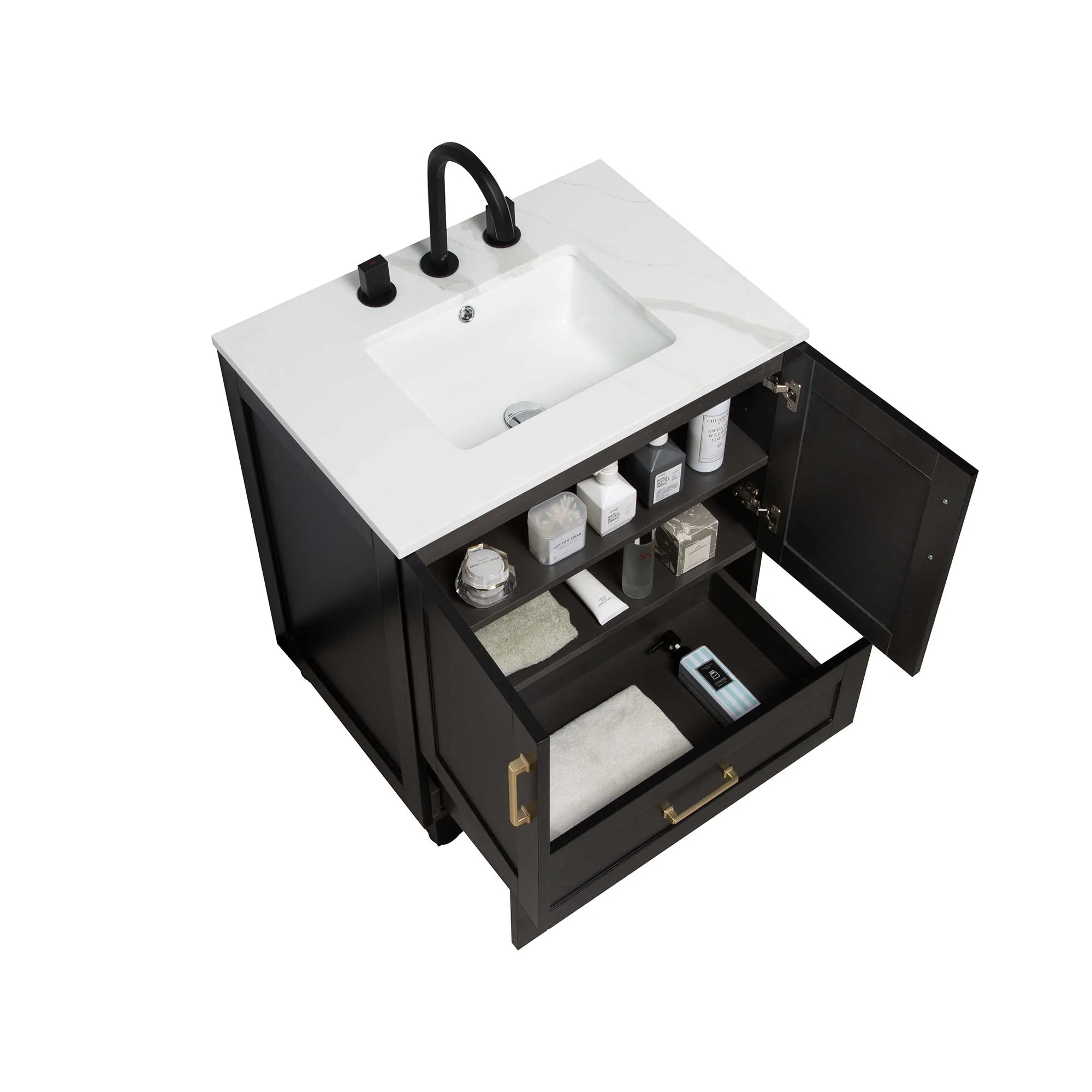 30" Freestanding Bathroom Black Vanity with Quartz Countertop - Image 2