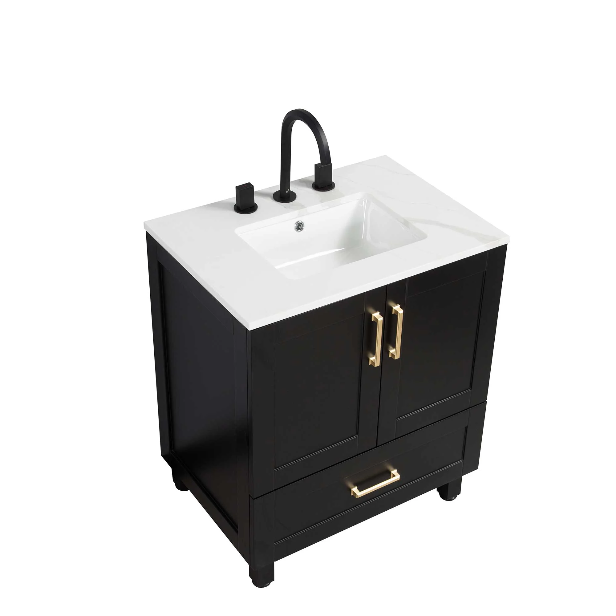 30" Freestanding Bathroom Black Vanity with Quartz Countertop - Image 3