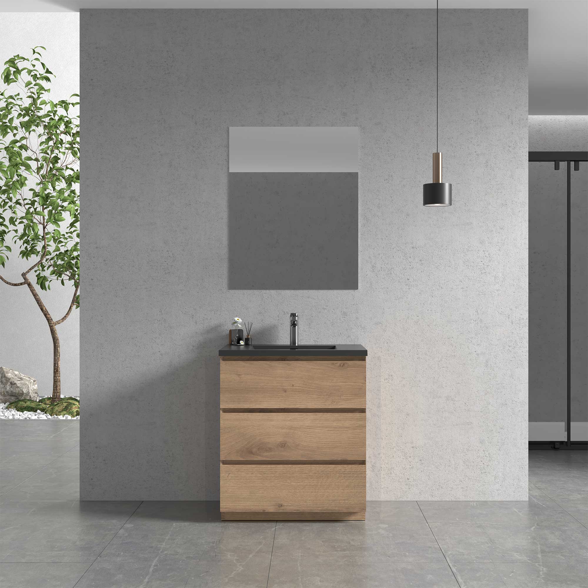 30" Freestanding Single Bathroom Vanity in Oak with Black Quartz Integrated Sink