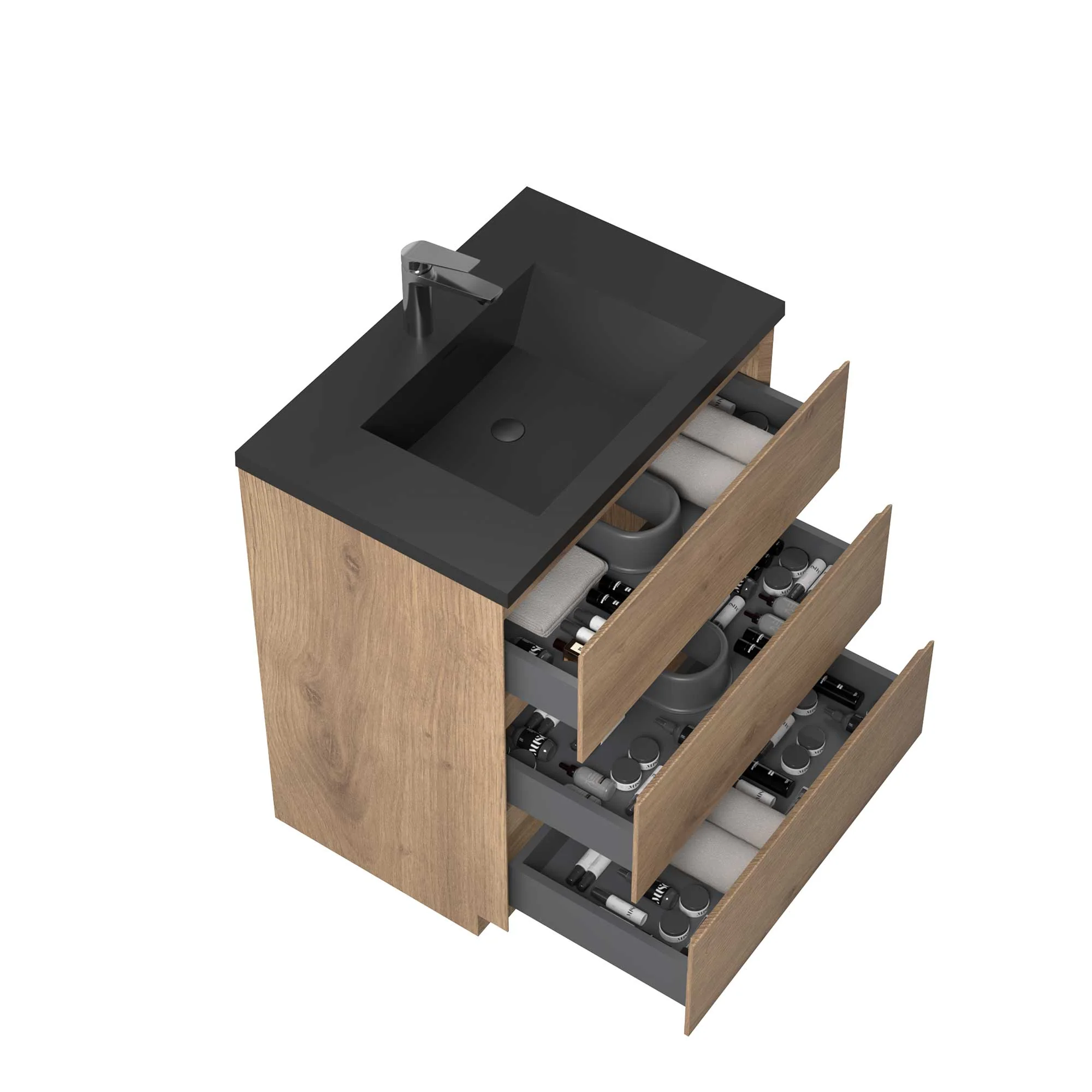 30" Freestanding Single Bathroom Vanity in Oak with Black Quartz Integrated Sink - Image 2