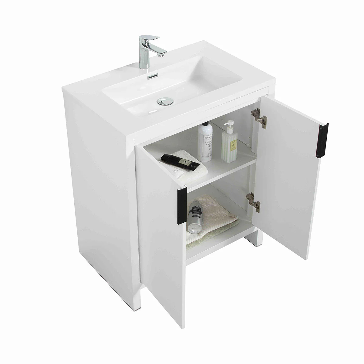 30" W Freestanding Single Bathroom Vanity in White Gloss with Quartz Integrated Sink LV14-30W - Image 2