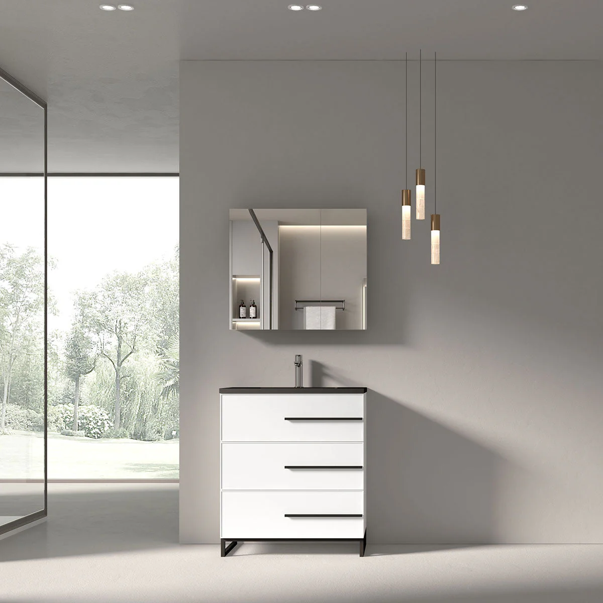30" W Freestanding Single Bathroom Vanity in White Gloss with Matte Black Integrated Sink LV15B-30W