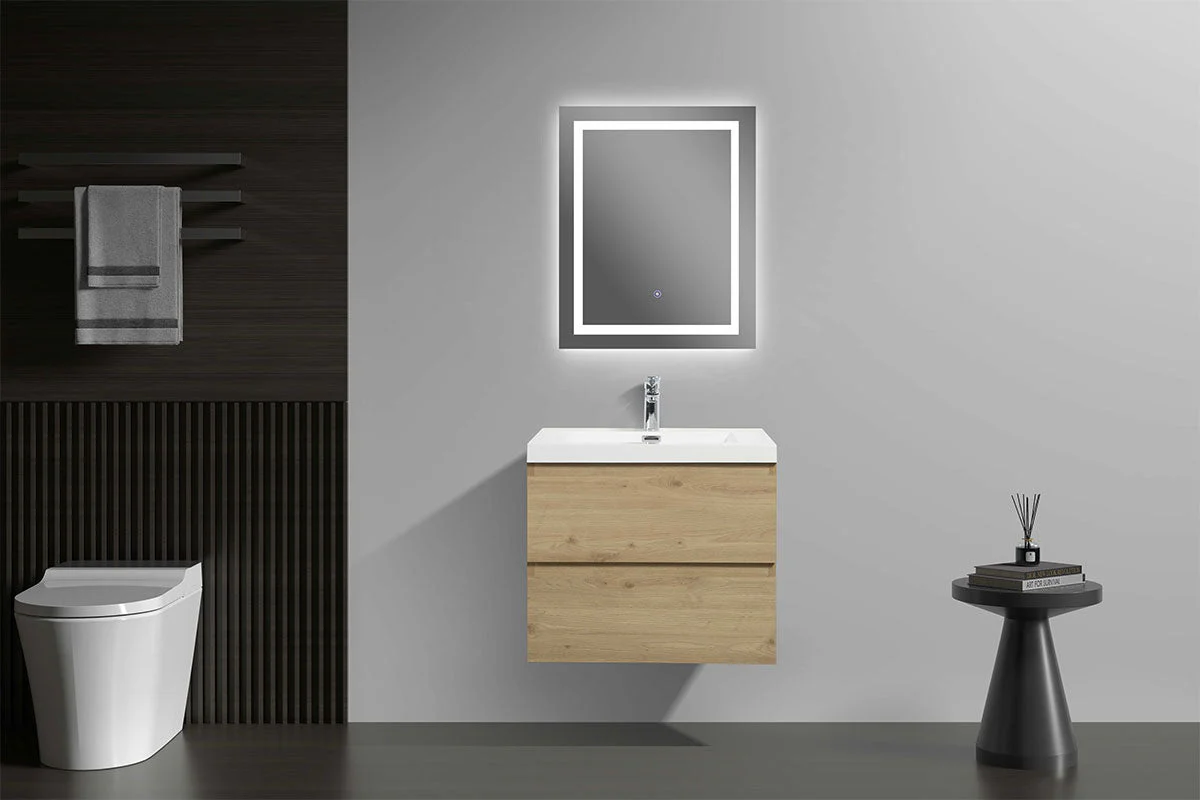 30" Wall Mount Single Bathroom Vanity in Oak with White Integrated Sink LV13-30