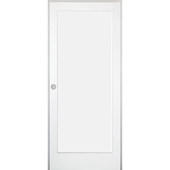 32 in. x 80 in. 1-Panel Shaker Solid Core Primed White MDF Prehung Interior Door with Black Hinges