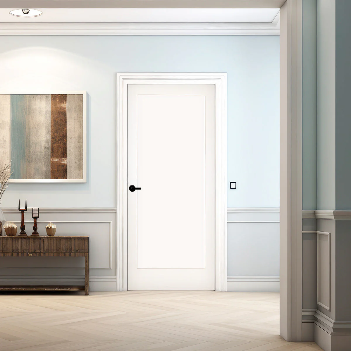 32 in. x 80 in. 1-Panel Shaker Solid Core Primed White MDF Prehung Interior Door with Black Hinges - Image 2