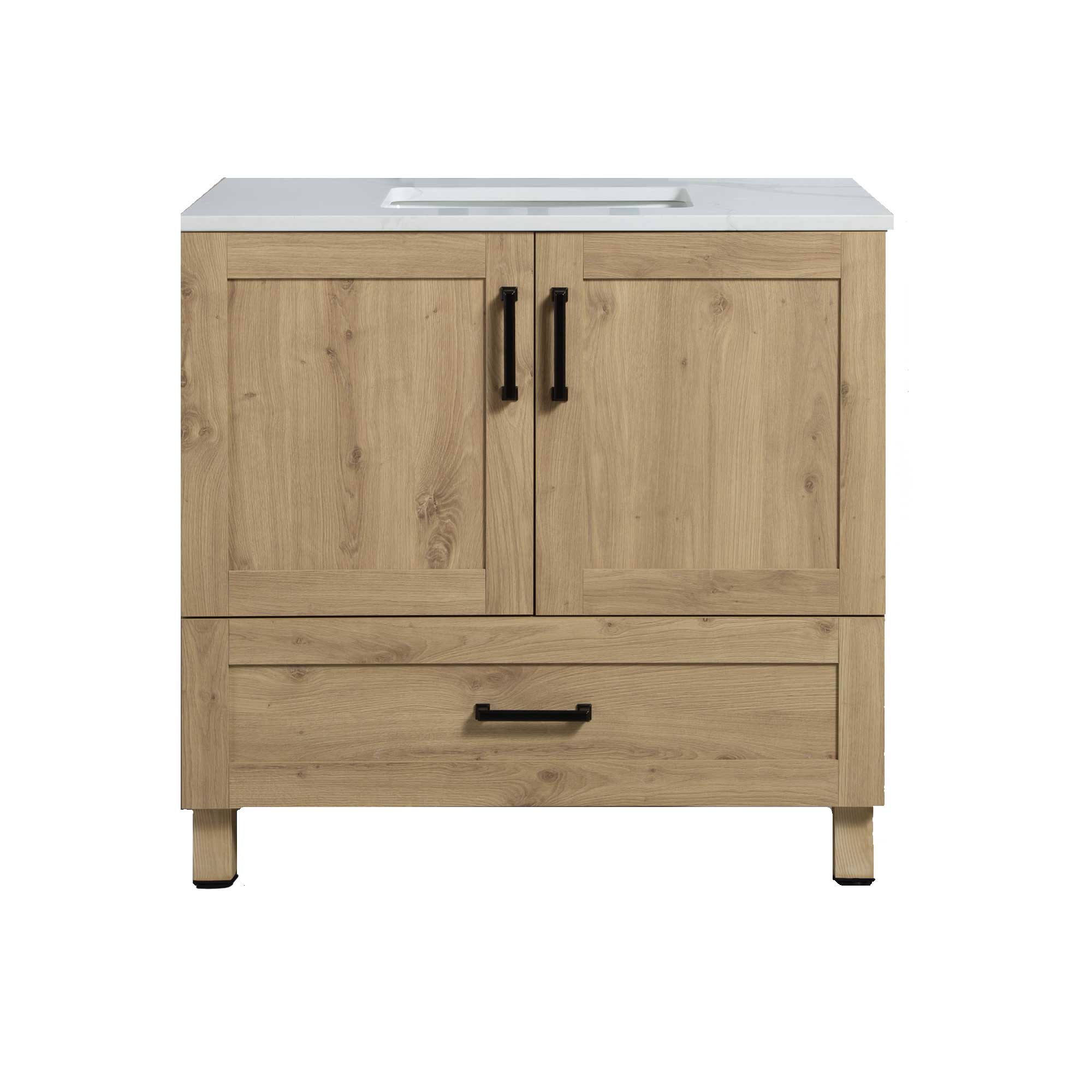 36" Freestanding Single Bathroom Vanity in Oak with Quartz Stone Countertop - Image 4