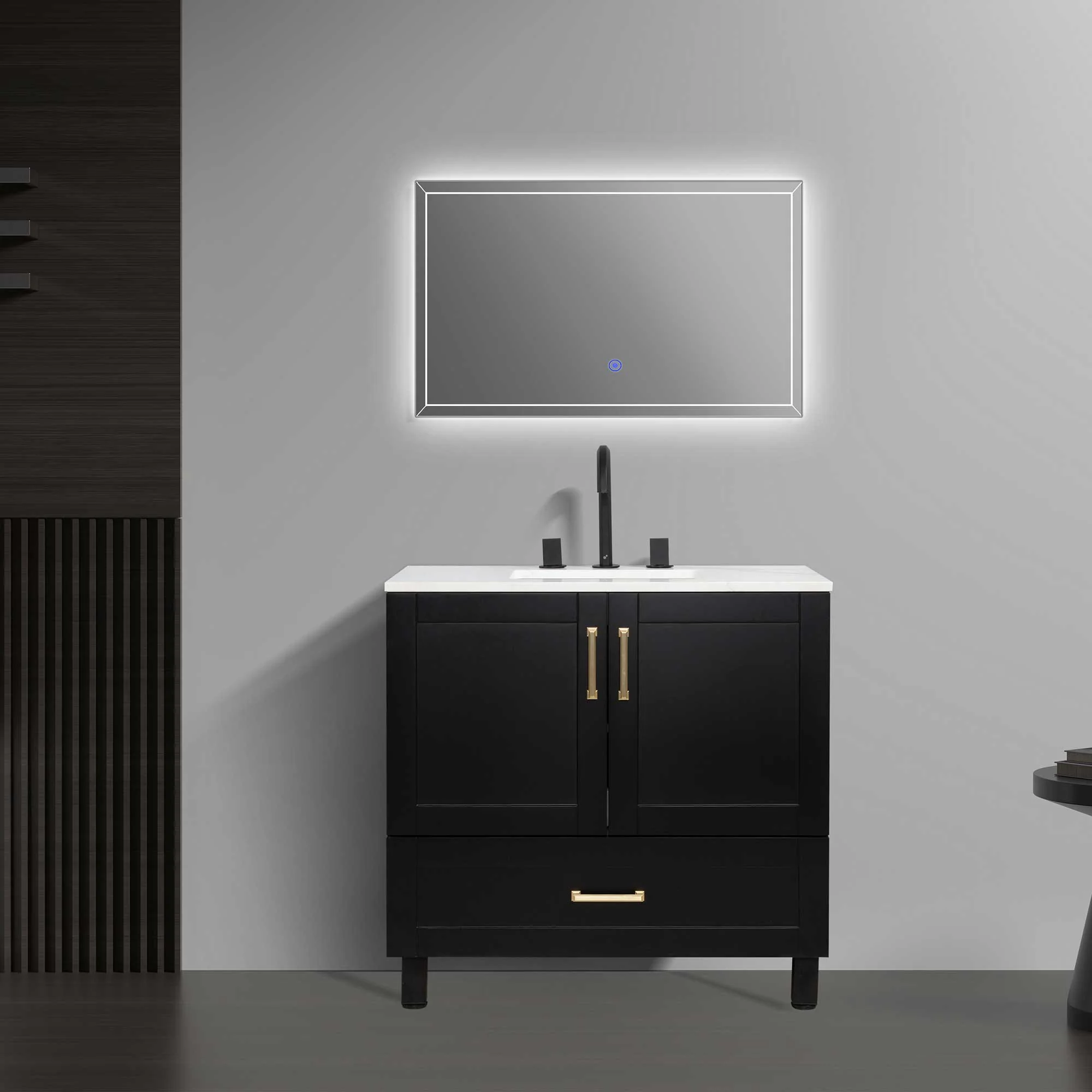 36" Freestanding Single Bathroom Vanity in Black with Quartz Stone Countertop