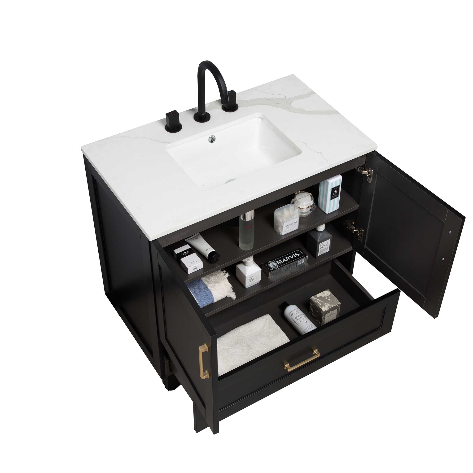 36" Freestanding Single Bathroom Vanity in Black with Quartz Stone Countertop - Image 2