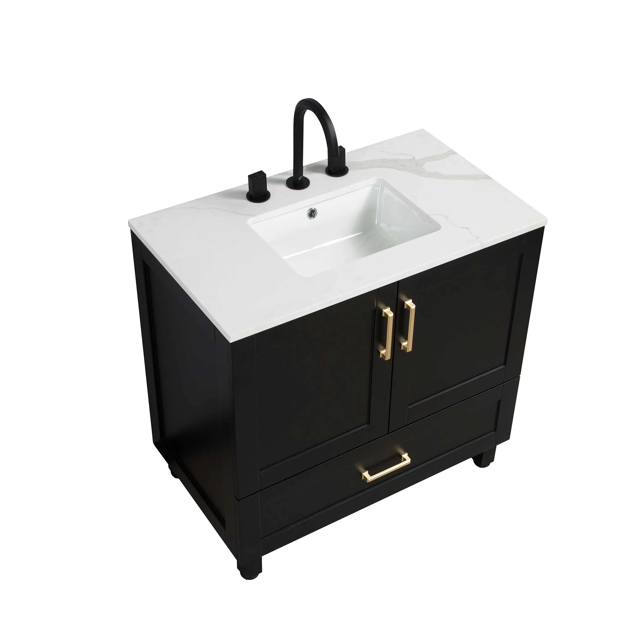 36" Freestanding Single Bathroom Vanity in Black with Quartz Stone Countertop - Image 3