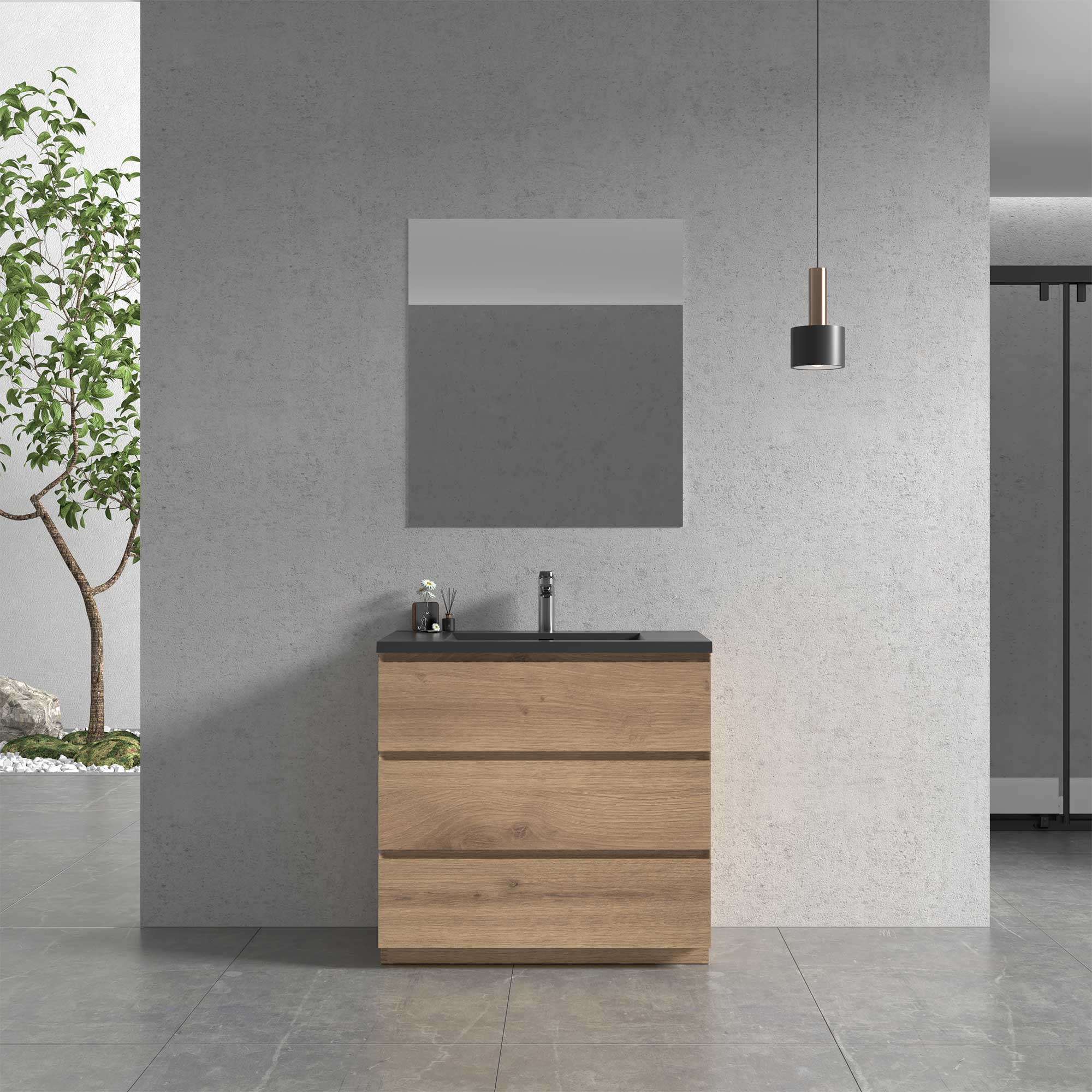 36" Freestanding Single Bathroom Vanity in Oak with Black Quartz Integrated Sink