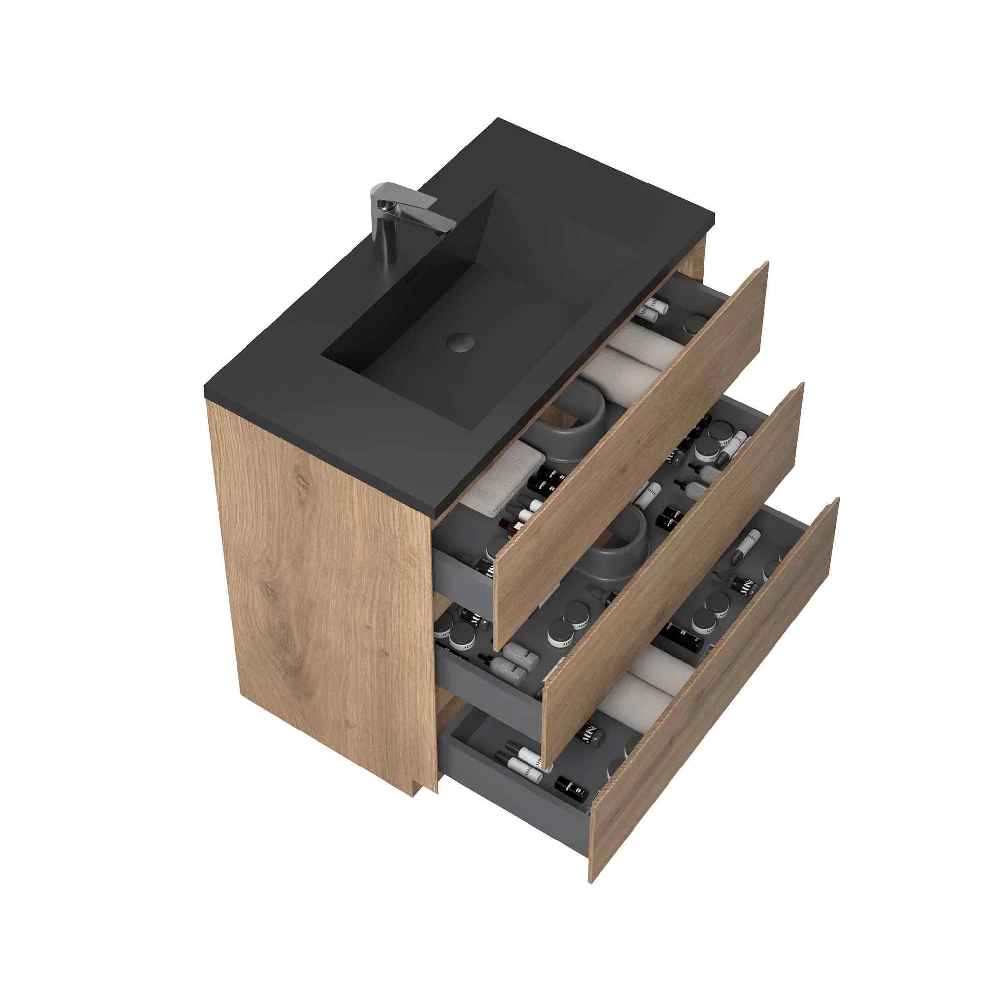 36" Freestanding Single Bathroom Vanity in Oak with Black Quartz Integrated Sink - Image 2
