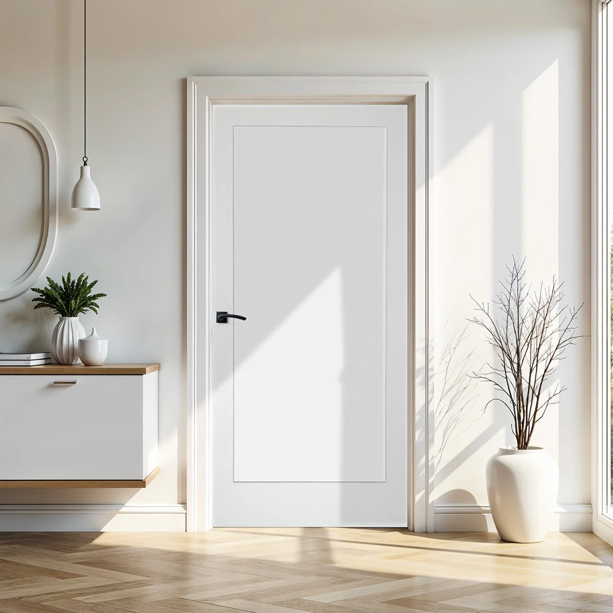36 in. x 80 in. 1-Panel Shaker Solid Core Primed White MDF Prehung Interior Door with Black Hinges - Image 2