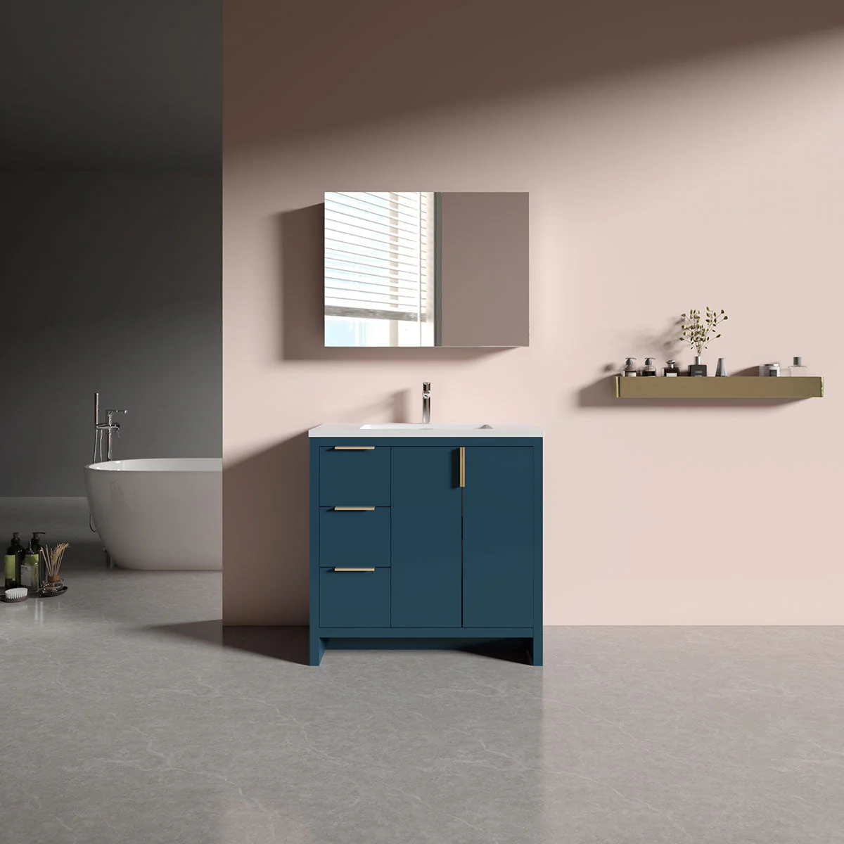 36"W Freestanding Single Bathroom Vanity in Blue with White Quartz Integrated Sink LV14-36B