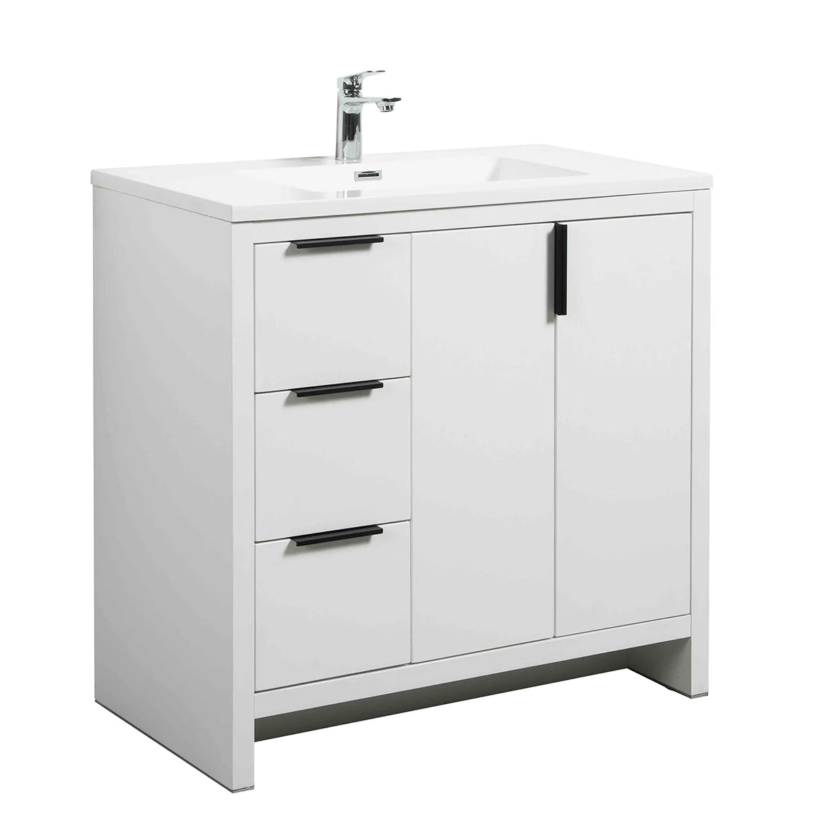 36" W Freestanding Single Bathroom Vanity in White Gloss with Quartz Integrated Sink LV14-36W - Image 2