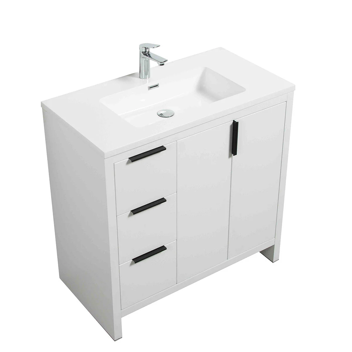 36" W Freestanding Single Bathroom Vanity in White Gloss with Quartz Integrated Sink LV14-36W - Image 3