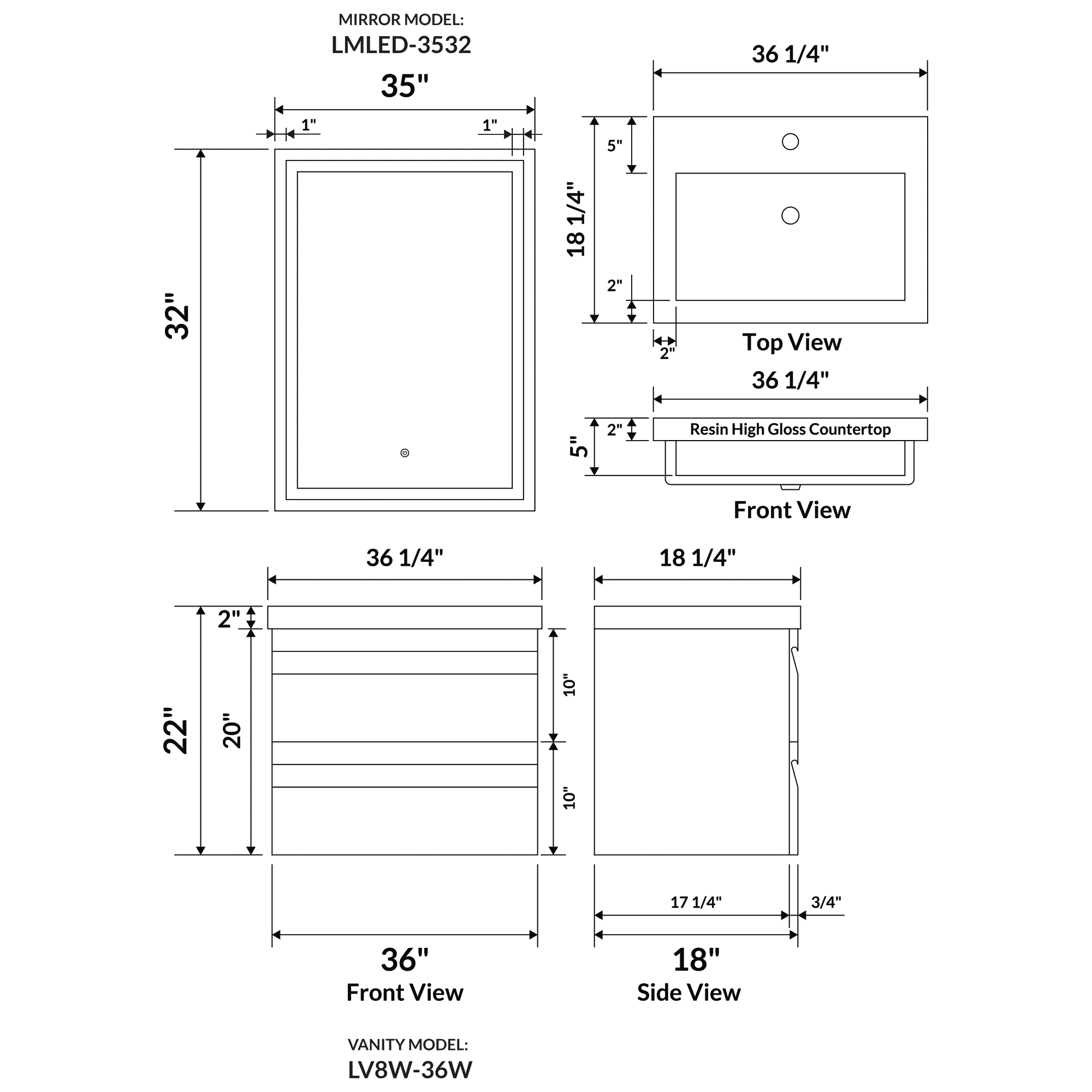 36" W Wall-Mount Modern Gray Vanity LV8W-36G with Square Sink Top - Image 3