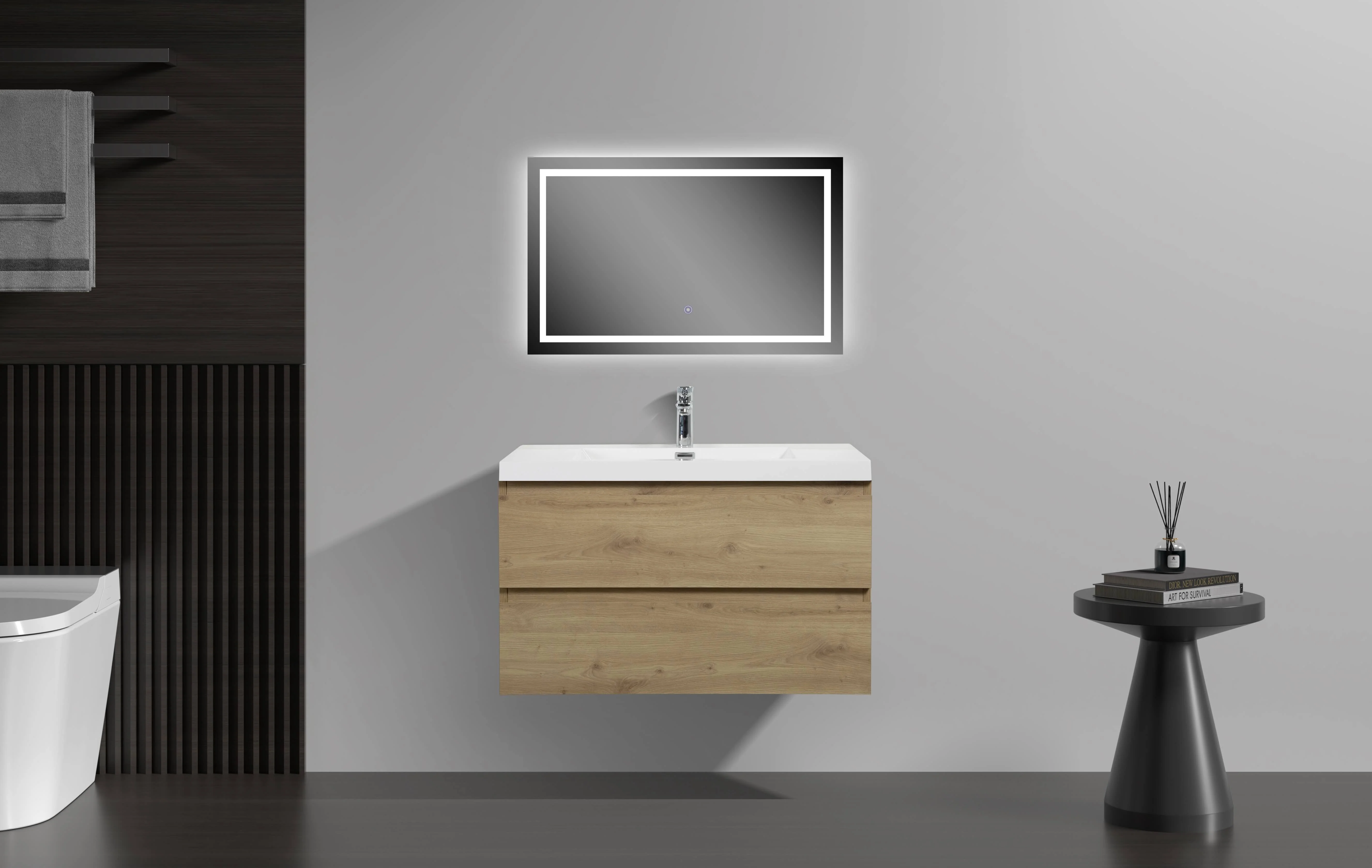 36" Wall Mount Single Bathroom Vanity in Oak with White Integrated Sink LV13-36