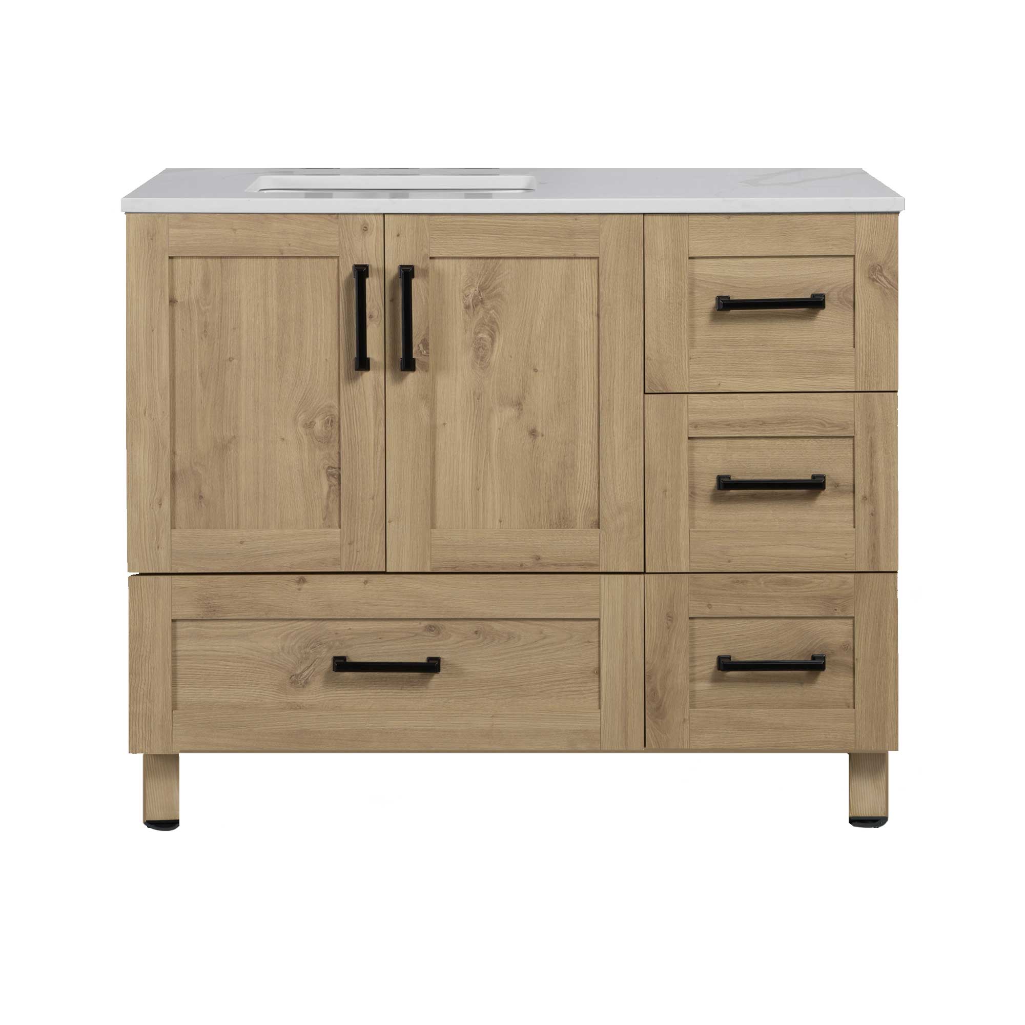 42" Freestanding Single Bathroom Vanity in Oak with Quartz Stone Countertop - Image 3