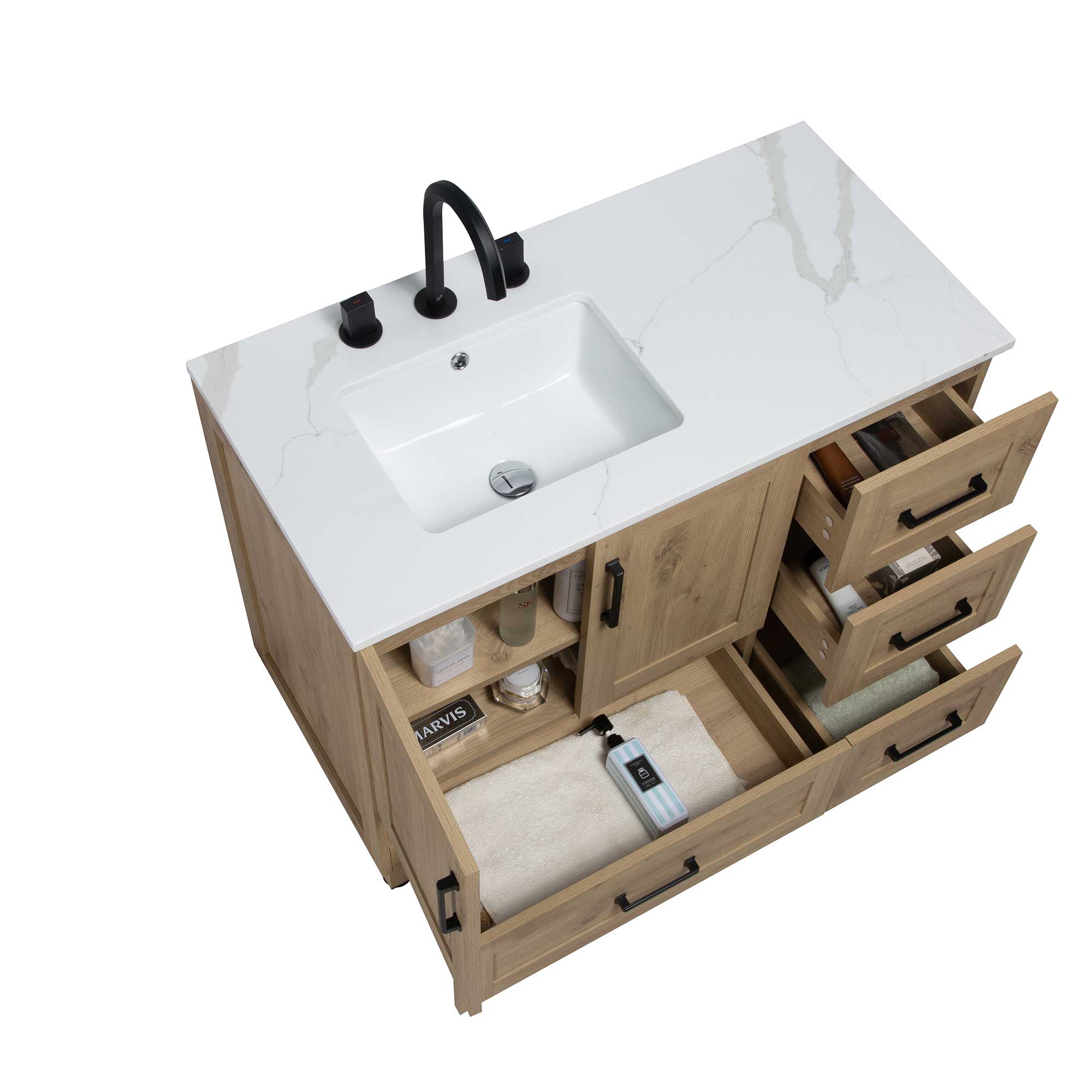 42" Freestanding Single Bathroom Vanity in Oak with Quartz Stone Countertop - Image 4