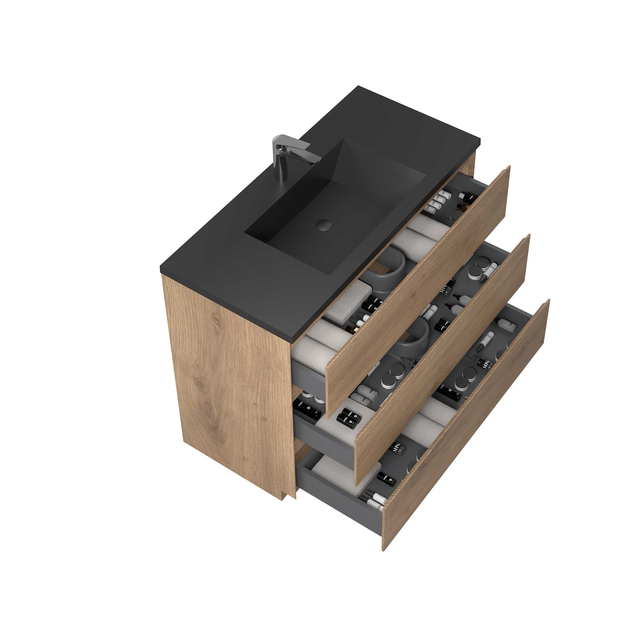 42" Freestanding Single Bathroom Vanity in Oak with Black Quartz Integrated Sink - Image 2