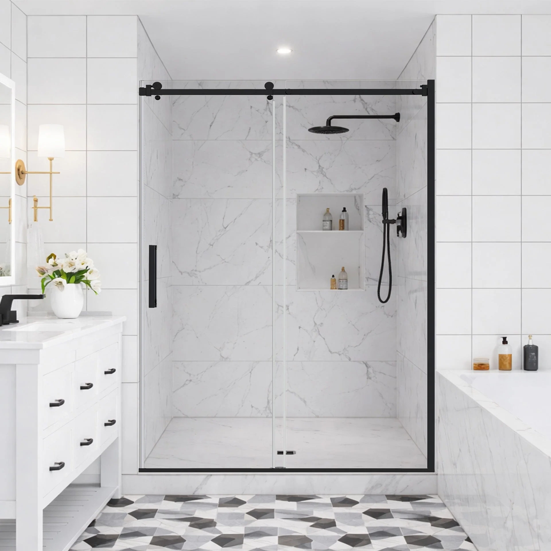 44-48 W x 76 H  Sliding Shower Semi-Frameless Door ULTRA-B with Clear Glass in Matte Black - Image 2