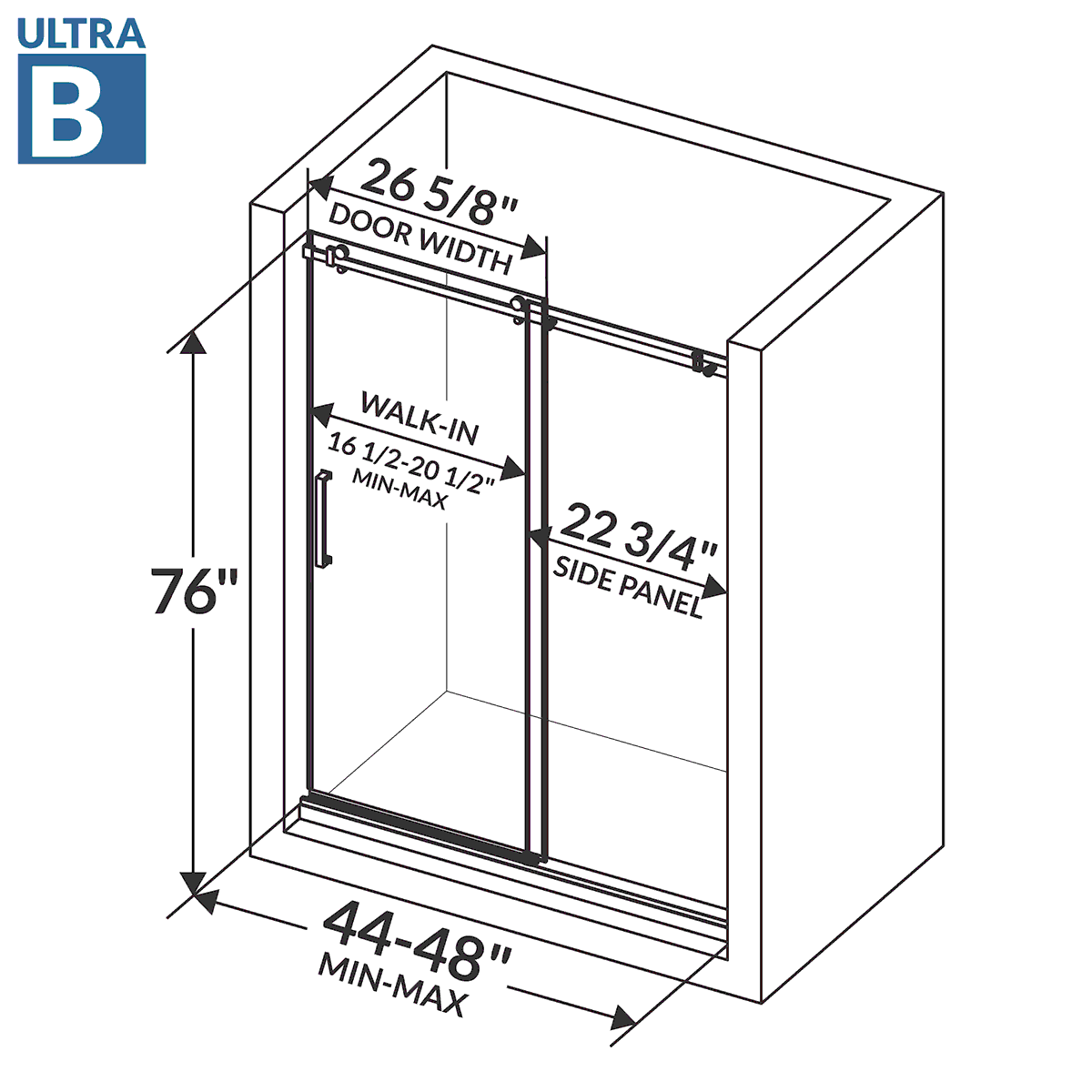 44-48 W x 76 H  Sliding Shower Semi-Frameless Door ULTRA-B with Clear Glass in Matte Black - Image 3
