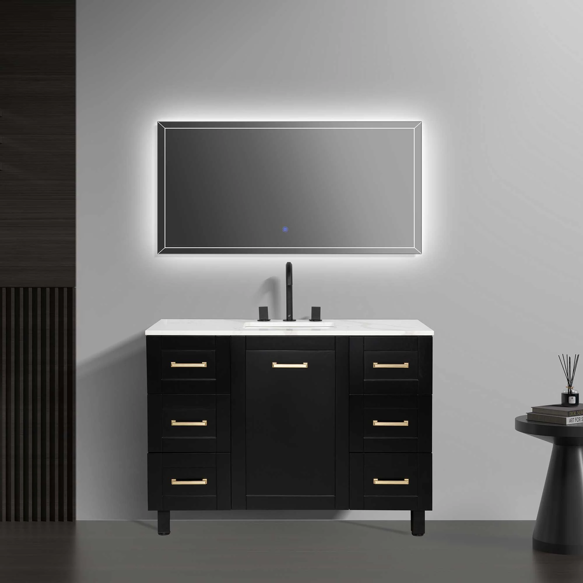 48" Freestanding Single Bathroom Vanity in Black with Quartz Stone Countertop