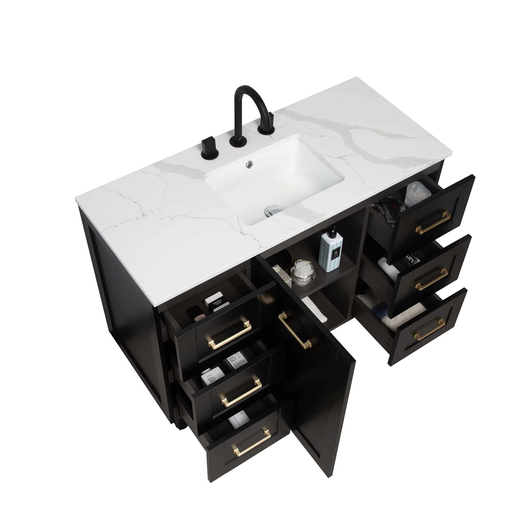 48" Freestanding Single Bathroom Vanity in Black with Quartz Stone Countertop - Image 2