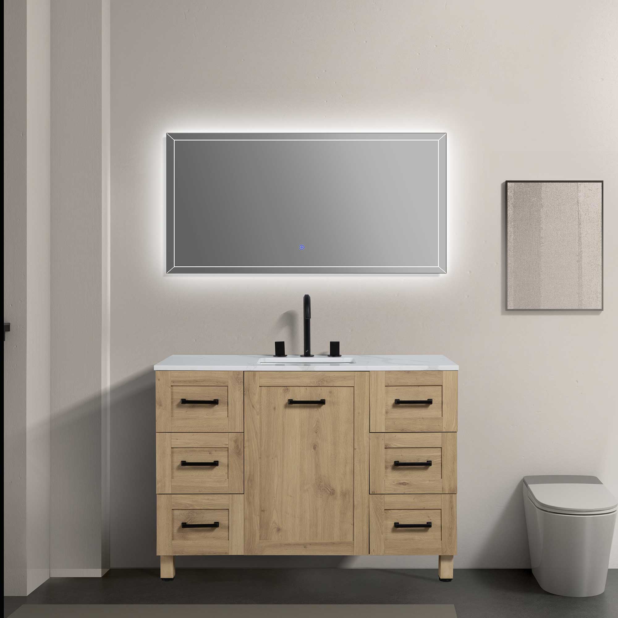 48" Freestanding Single Bathroom Vanity in Oak with Quartz Stone Countertop
