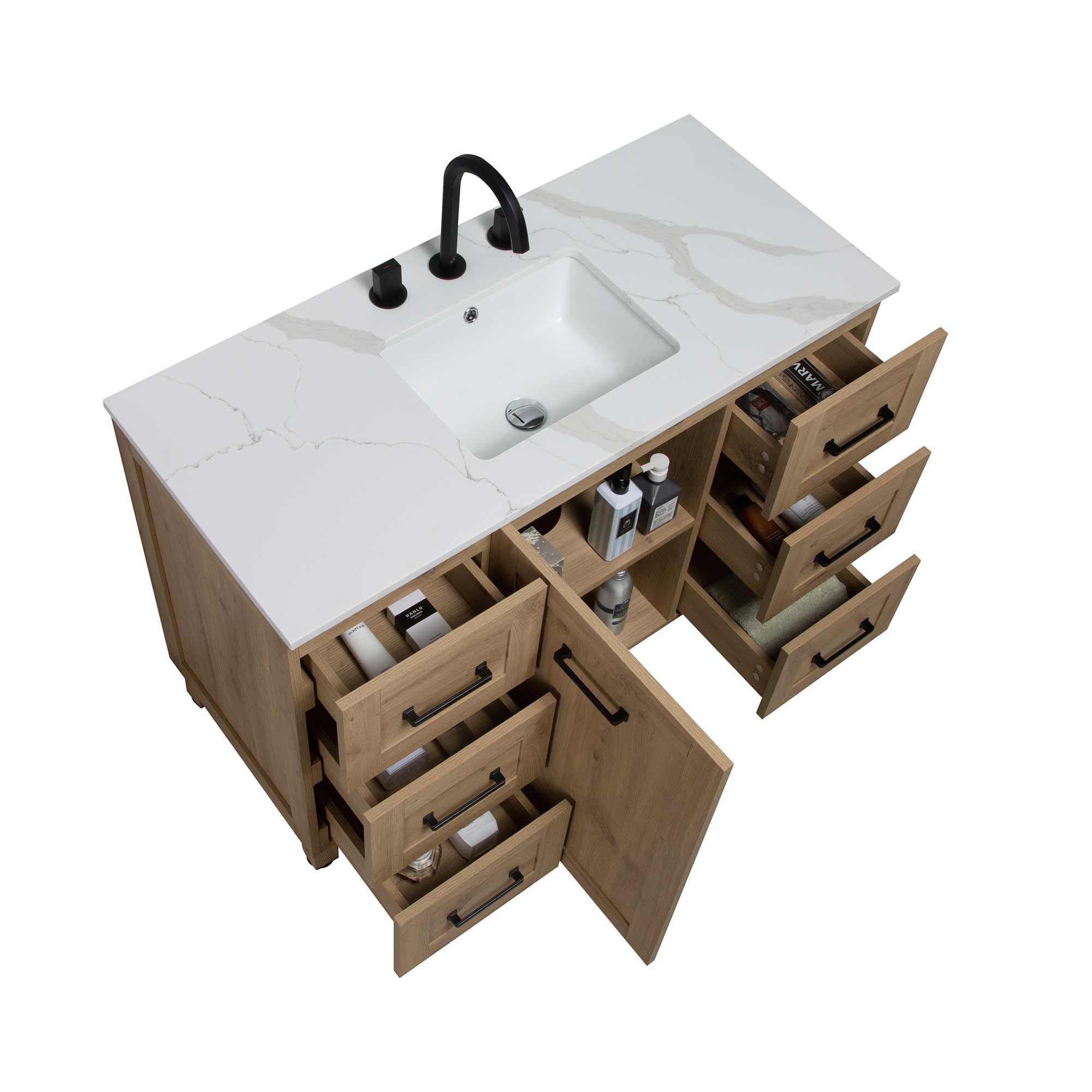 48" Freestanding Single Bathroom Vanity in Oak with Quartz Stone Countertop - Image 2