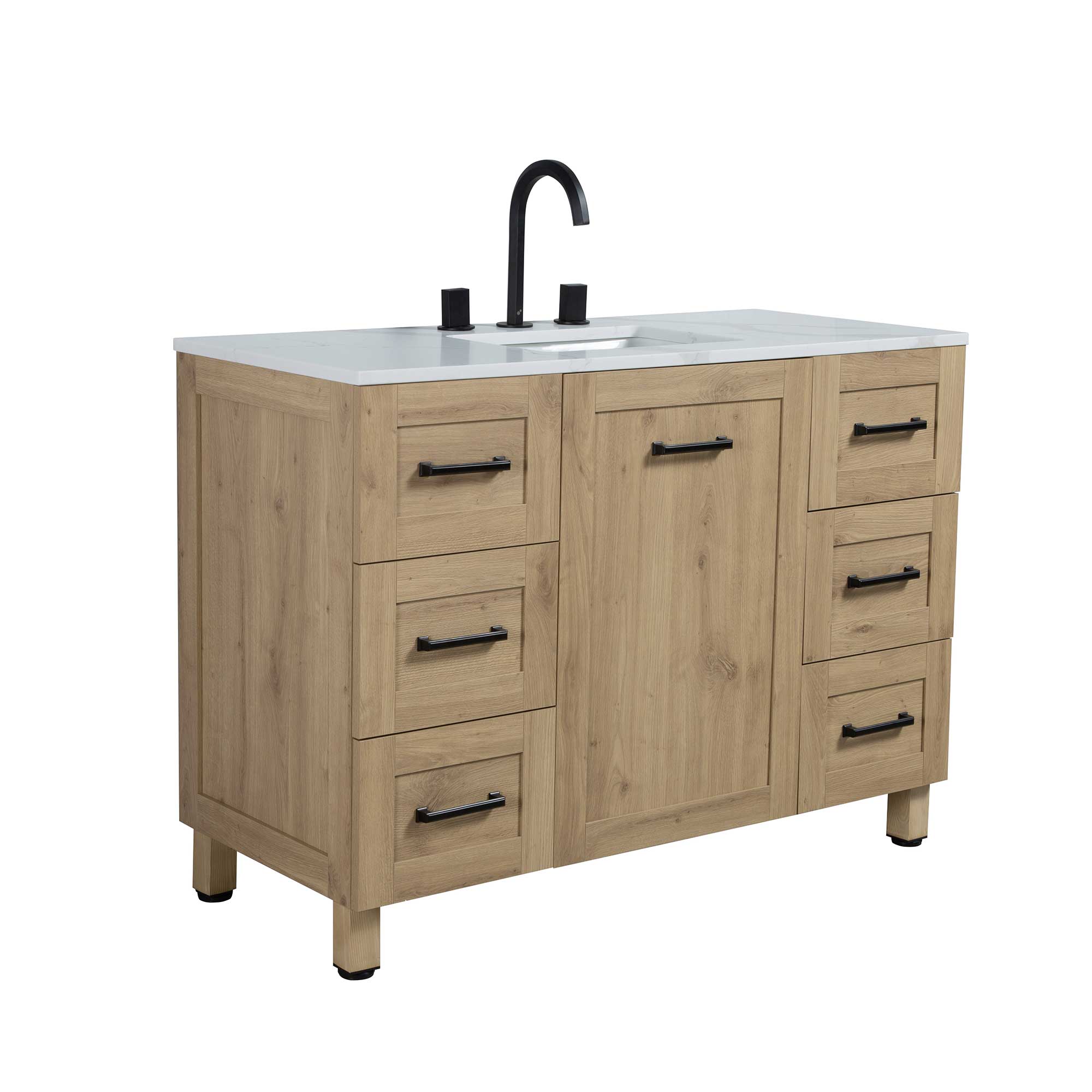 48" Freestanding Single Bathroom Vanity in Oak with Quartz Stone Countertop - Image 3