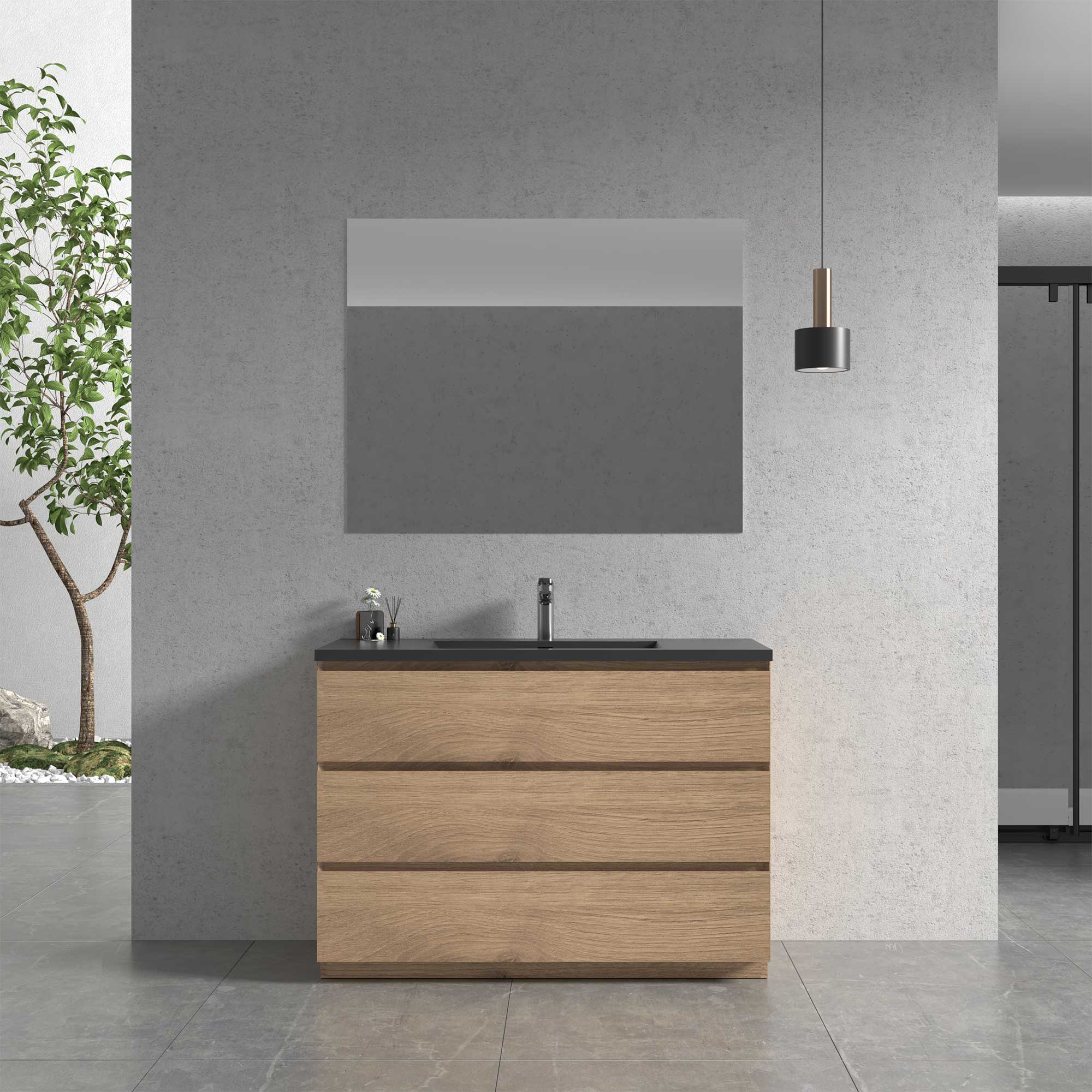 48" Freestanding Single Bathroom Vanity in Oak with Black Quartz Integrated Sink