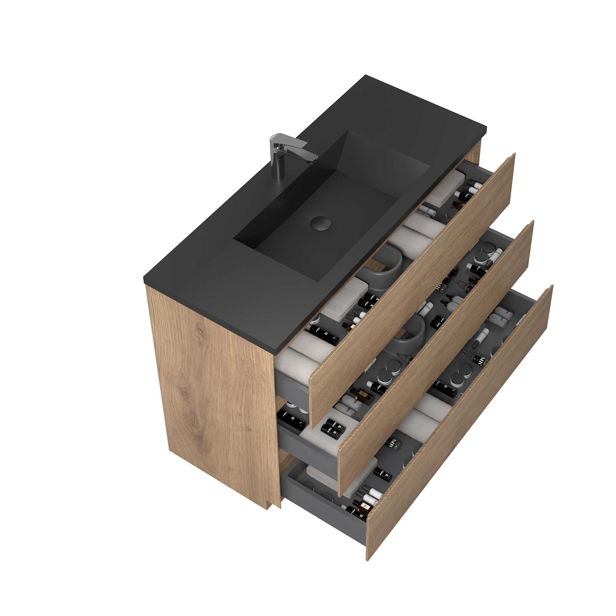 48" Freestanding Single Bathroom Vanity in Oak with Black Quartz Integrated Sink - Image 2