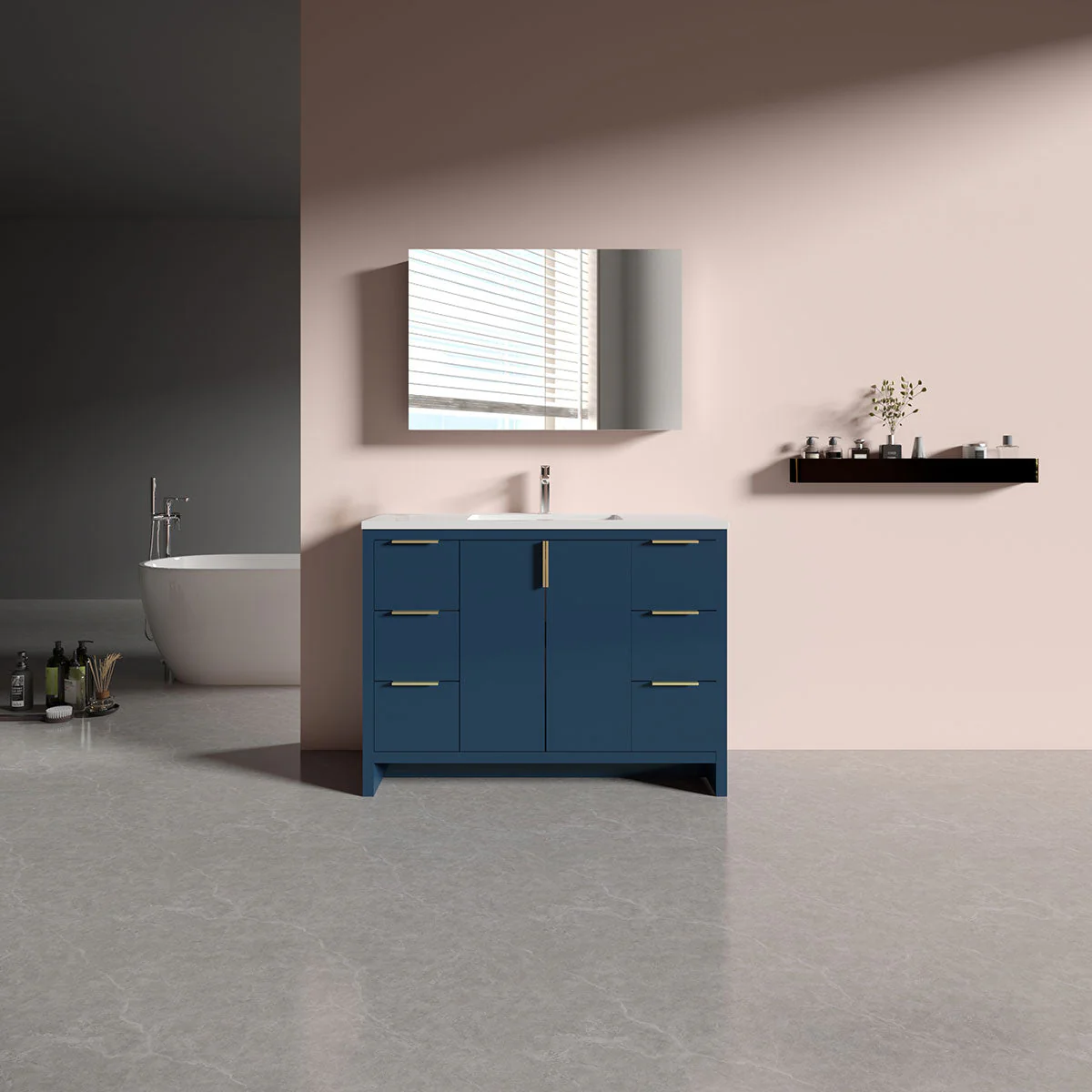 48" W Freestanding Single Bathroom Vanity in Blue with White Quartz Integrated Sink LV14-48B